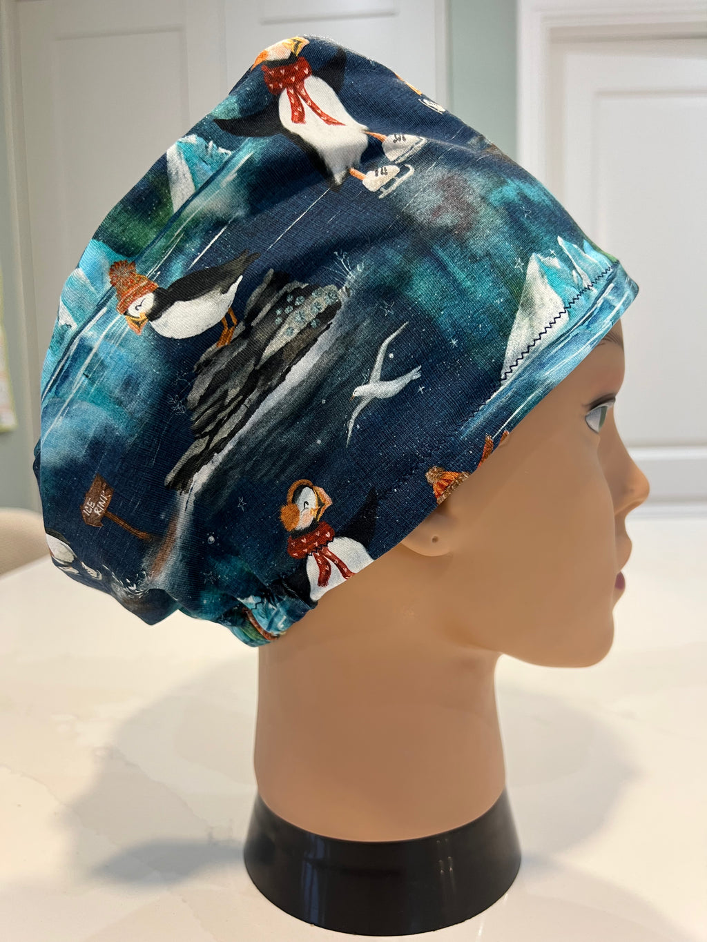 Puffins on Ice Jersey Cotton theatre scrub hat/cap. Winter/ Christmas/ Xmas/ Northern Lights  themed.