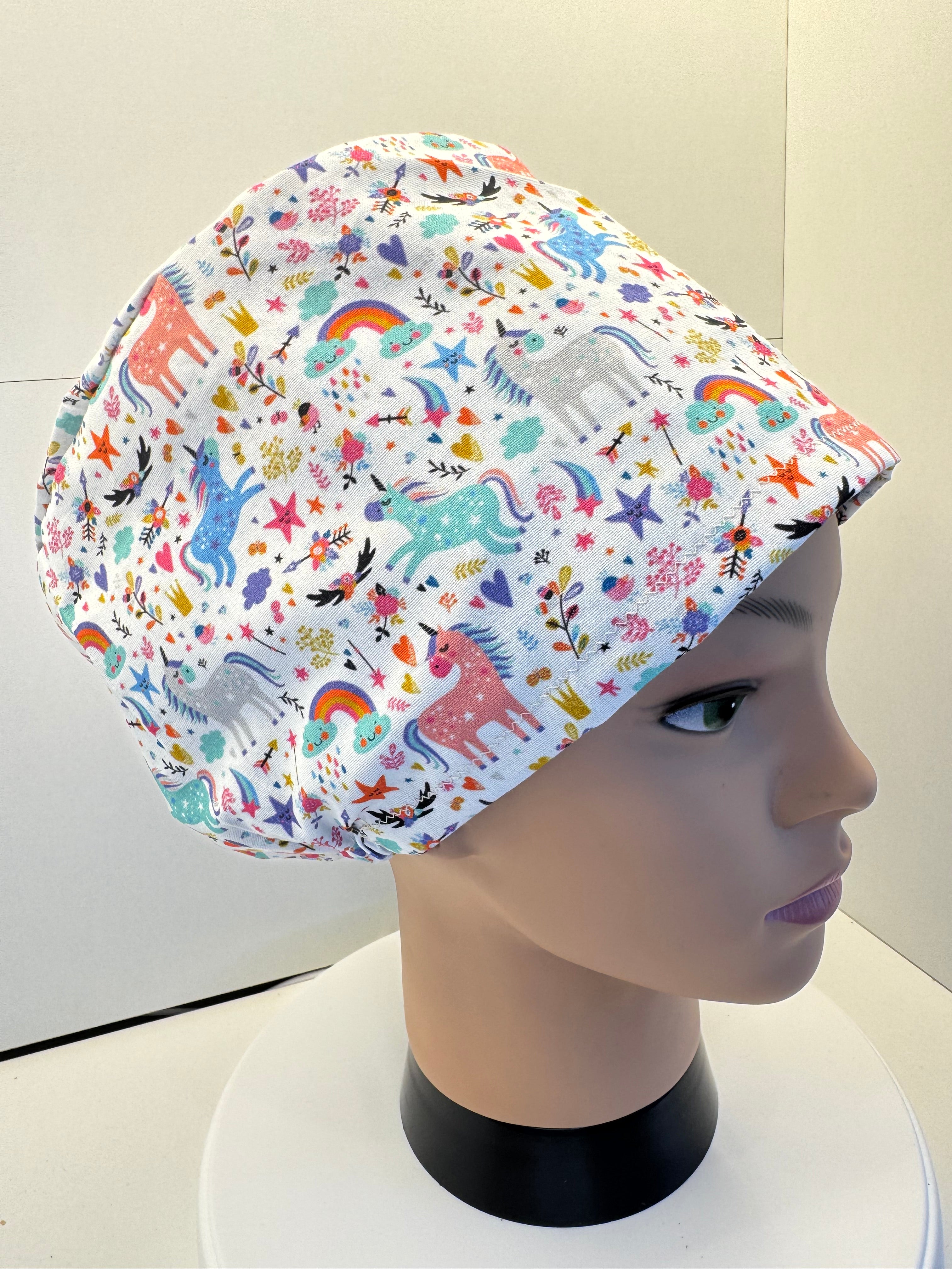 Unicorns and Rainbows 100% Cotton Theatre Hat/Scrub Cap Optional Satin Lining