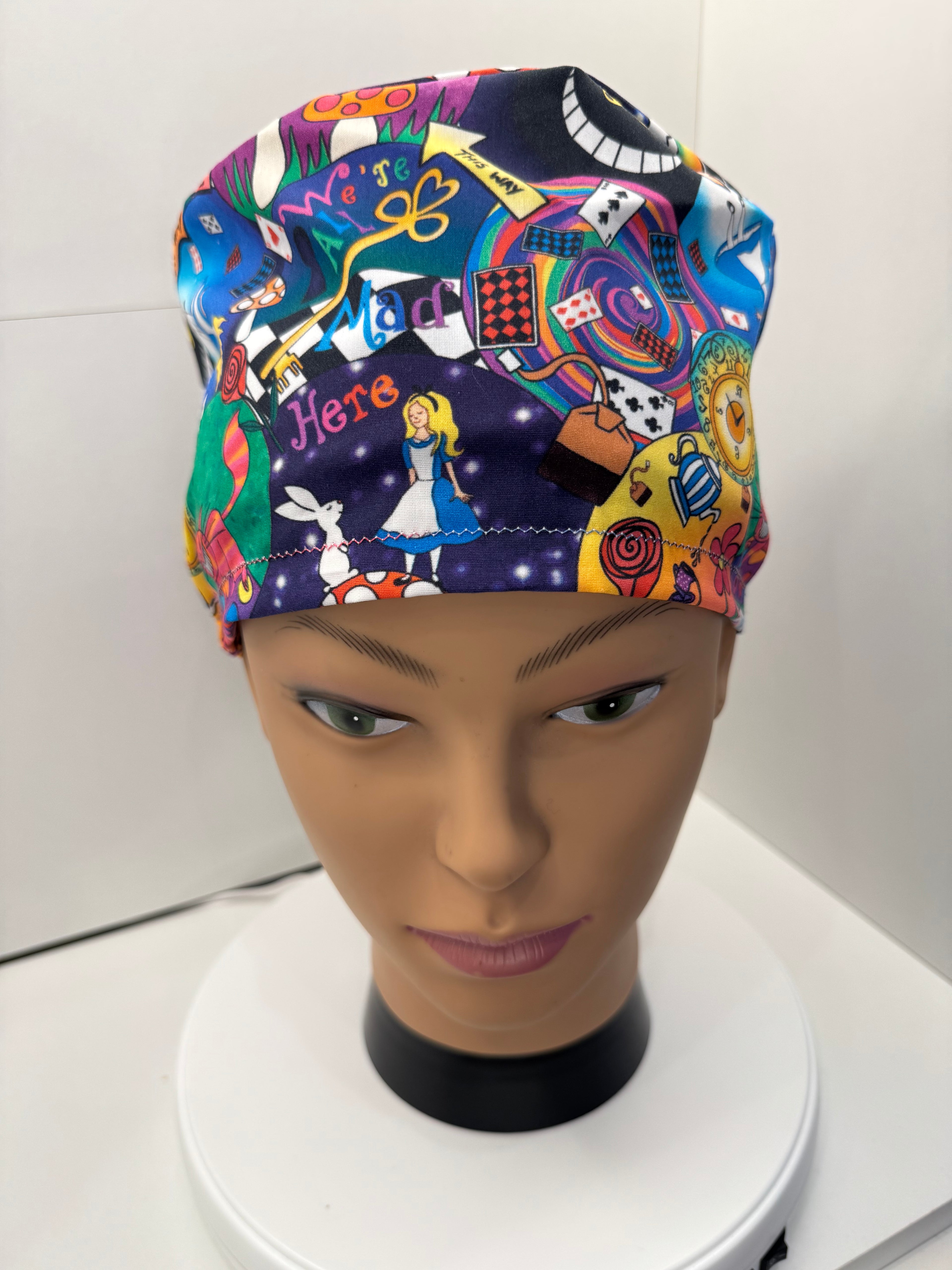 Alice in Wonderland Themed 100% Cotton Surgical/Theatre Scrub Hat/Cap. UK Handmade Optional Satin lining.