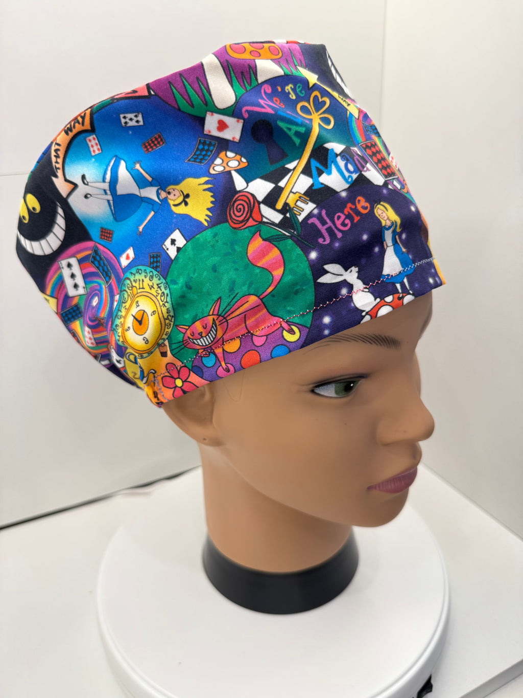 Alice in Wonderland Themed 100% Cotton Surgical/Theatre Scrub Hat/Cap. UK Handmade Optional Satin lining.