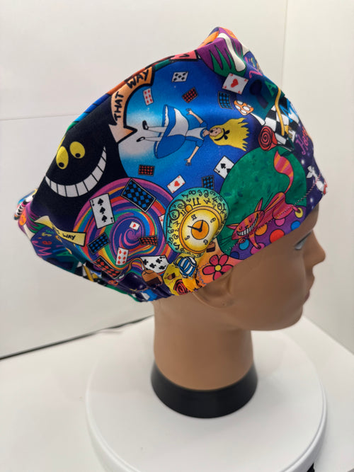 Alice in Wonderland Themed 100% Cotton Surgical/Theatre Scrub Hat/Cap. UK Handmade Optional Satin lining.
