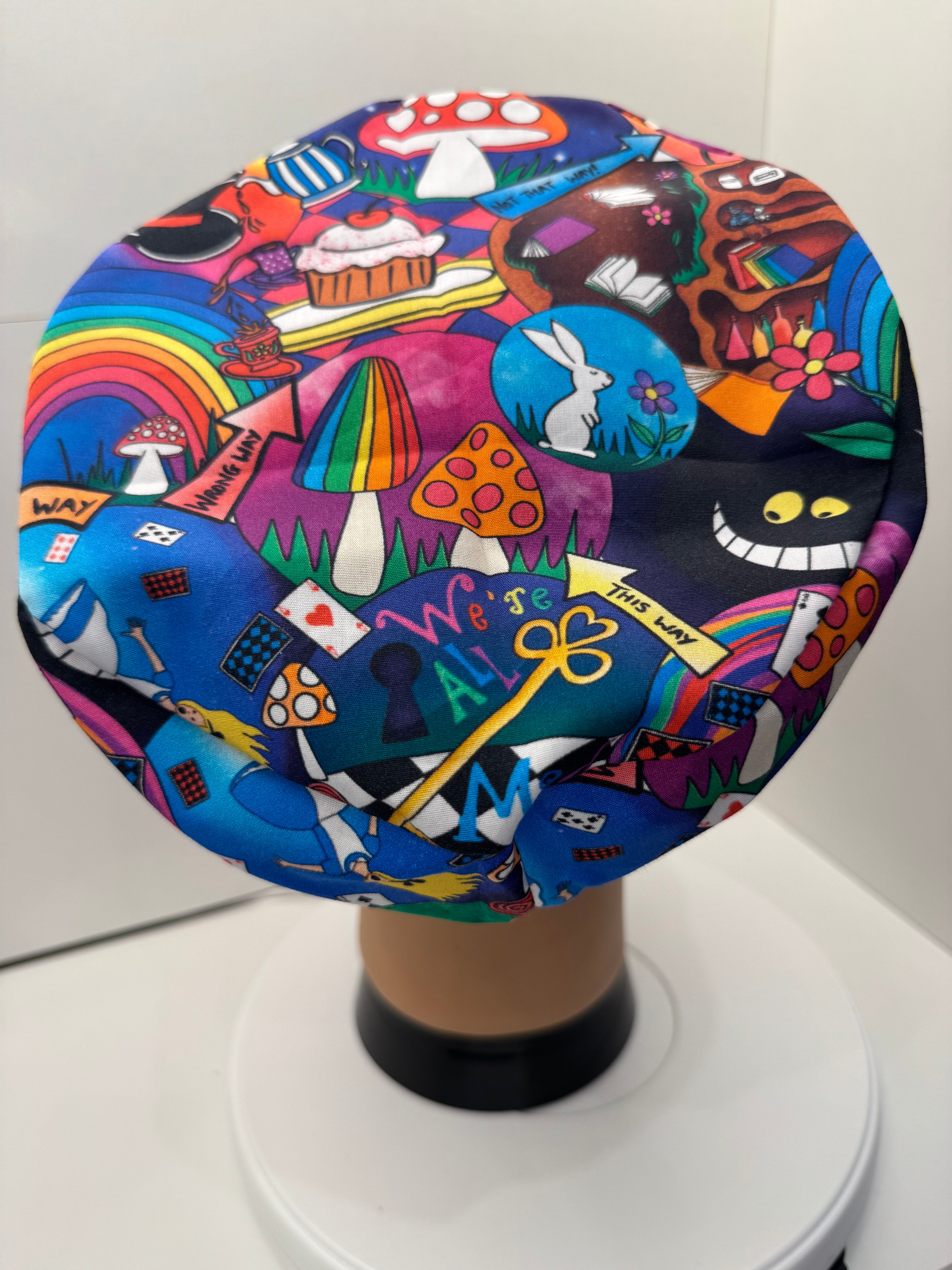 Alice in Wonderland Themed 100% Cotton Surgical/Theatre Scrub Hat/Cap. UK Handmade Optional Satin lining.