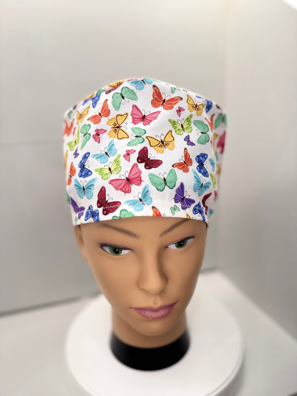 Colourful Butterflies 100% Cotton Theatre Hat/Scrub Cap, Optional Satin Lining