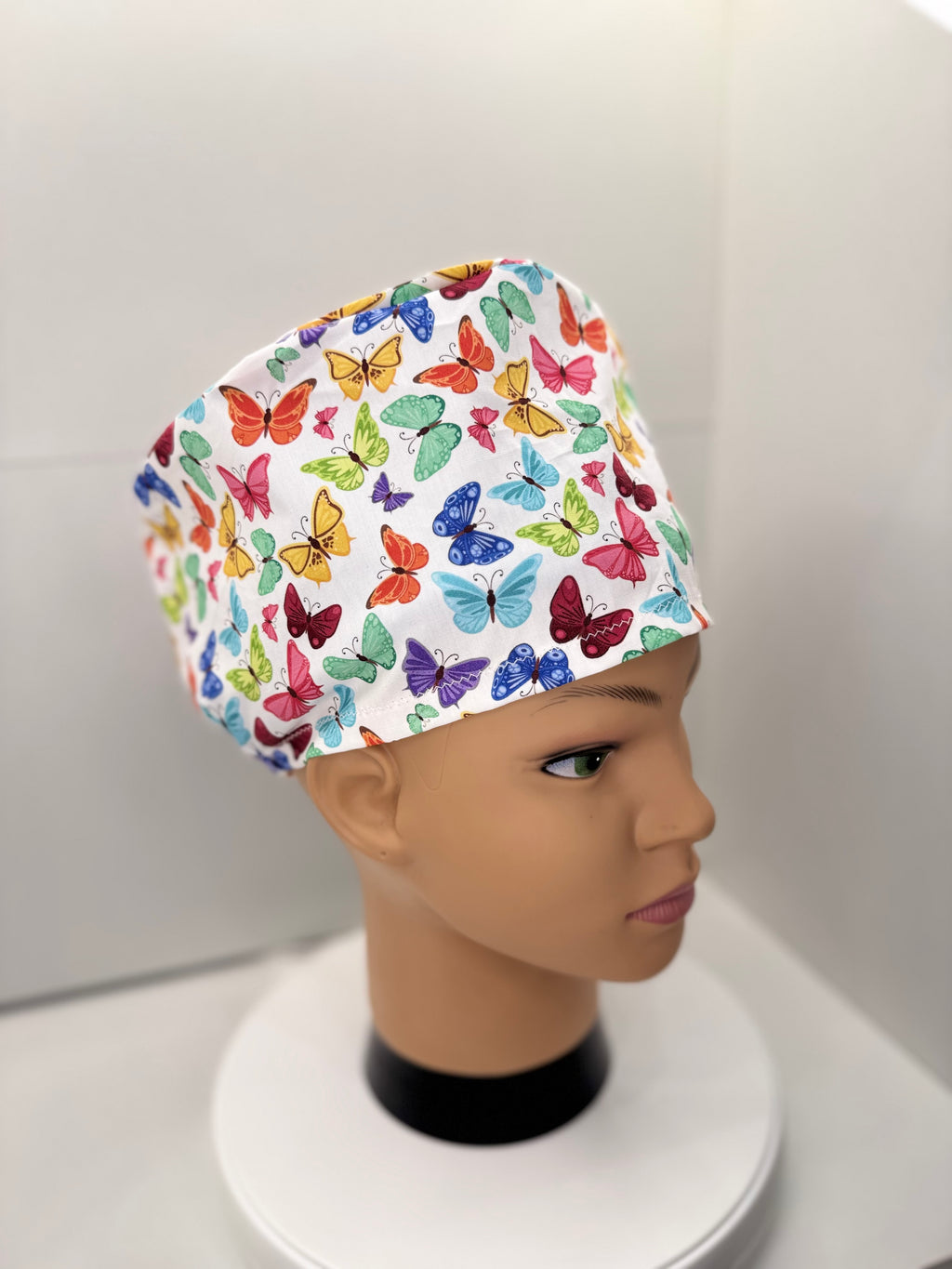 Colourful Butterflies 100% Cotton Theatre Hat/Scrub Cap, Optional Satin Lining