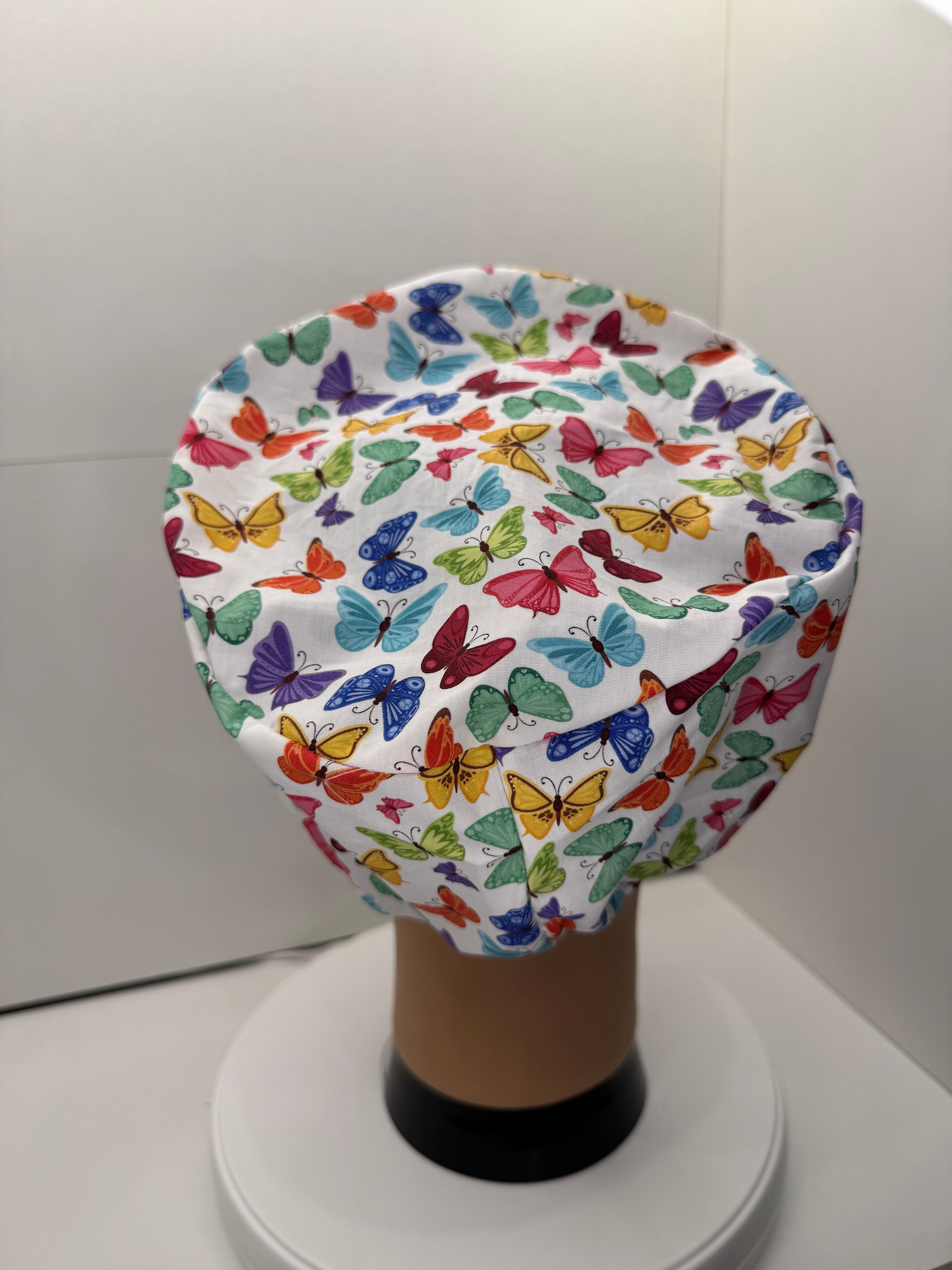 Colourful Butterflies 100% Cotton Theatre Hat/Scrub Cap, Optional Satin Lining