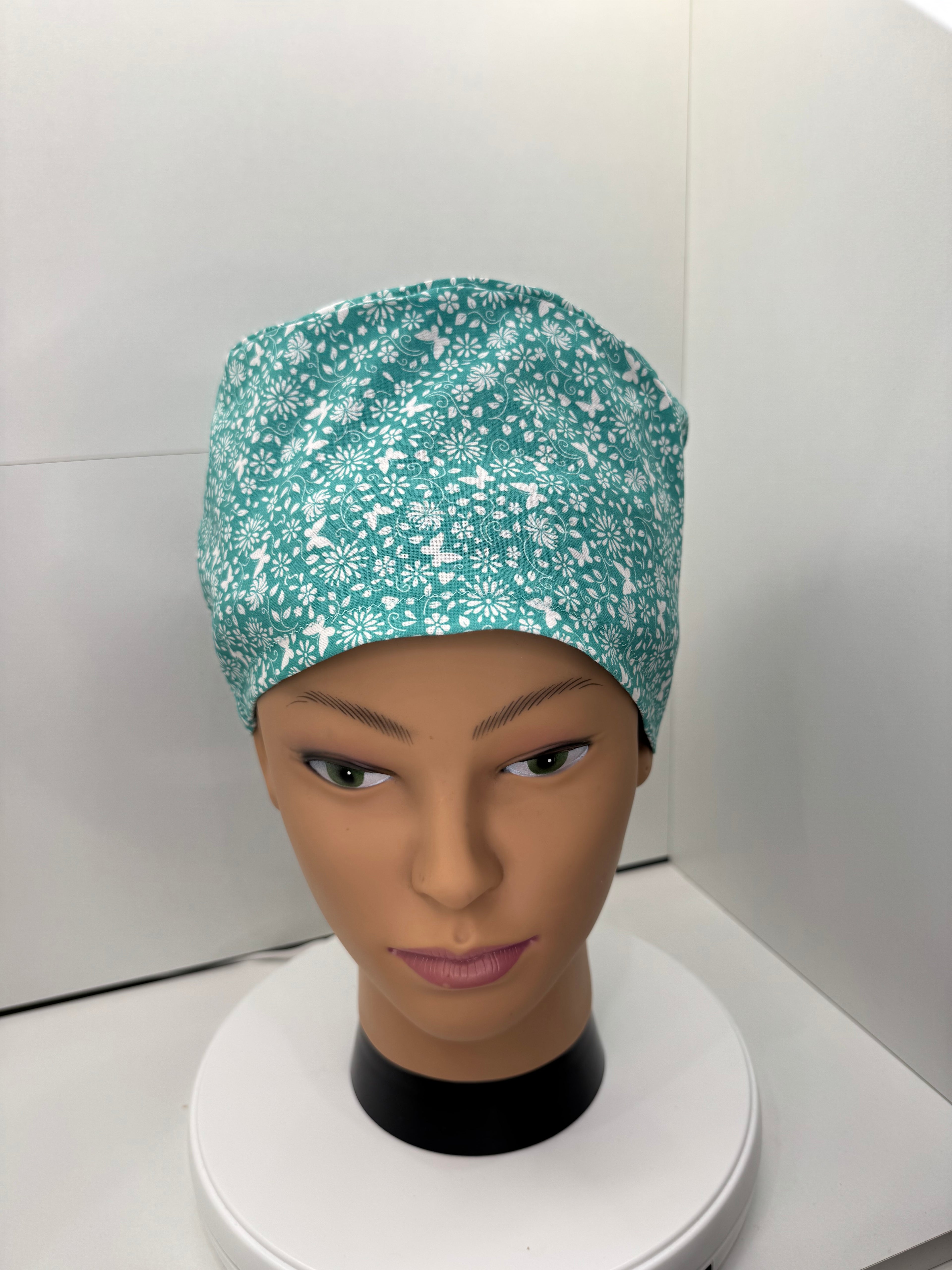 Mint Green Ditsy Flower and Butterfly 100% Cotton Theatre Hat/Scrub Cap Optional Satin Lining