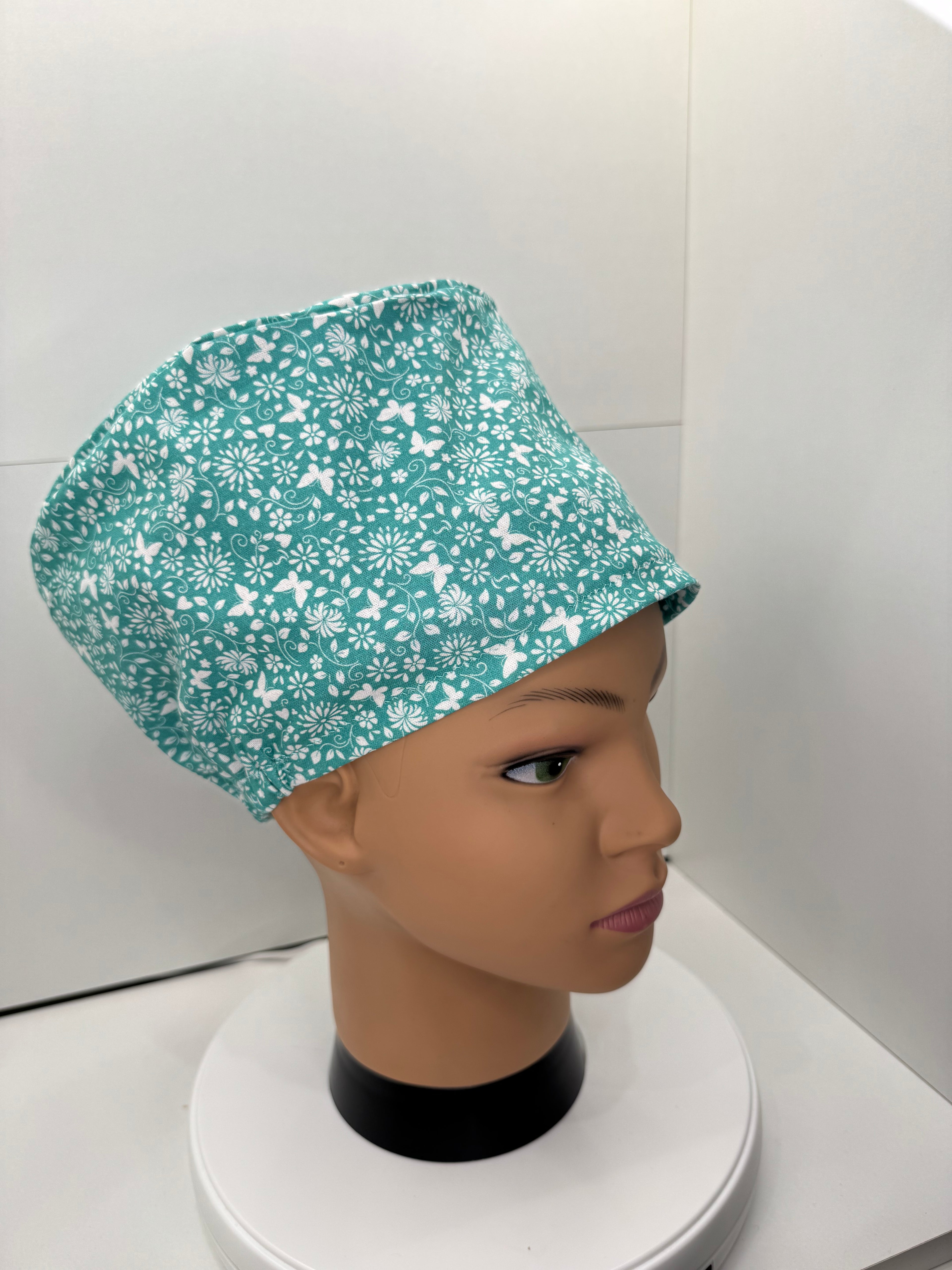 Mint Green Ditsy Flower and Butterfly 100% Cotton Theatre Hat/Scrub Cap Optional Satin Lining