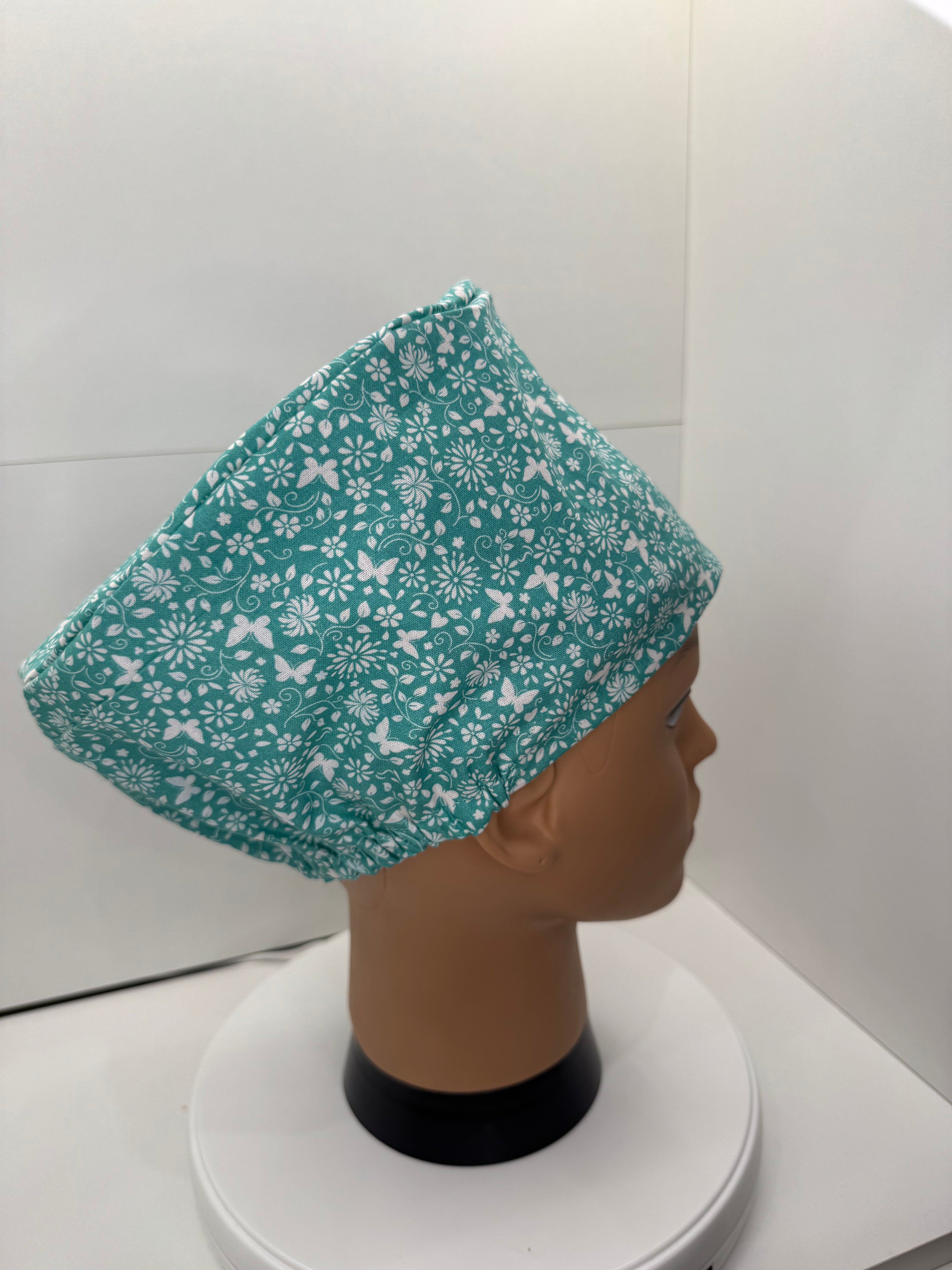 Mint Green Ditsy Flower and Butterfly 100% Cotton Theatre Hat/Scrub Cap Optional Satin Lining