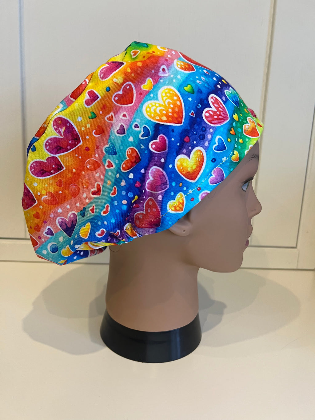 Rainbow Bubble Hearts Premium Cotton Jersey super soft theatre scrub hat/cap - Love, Valentine's Day