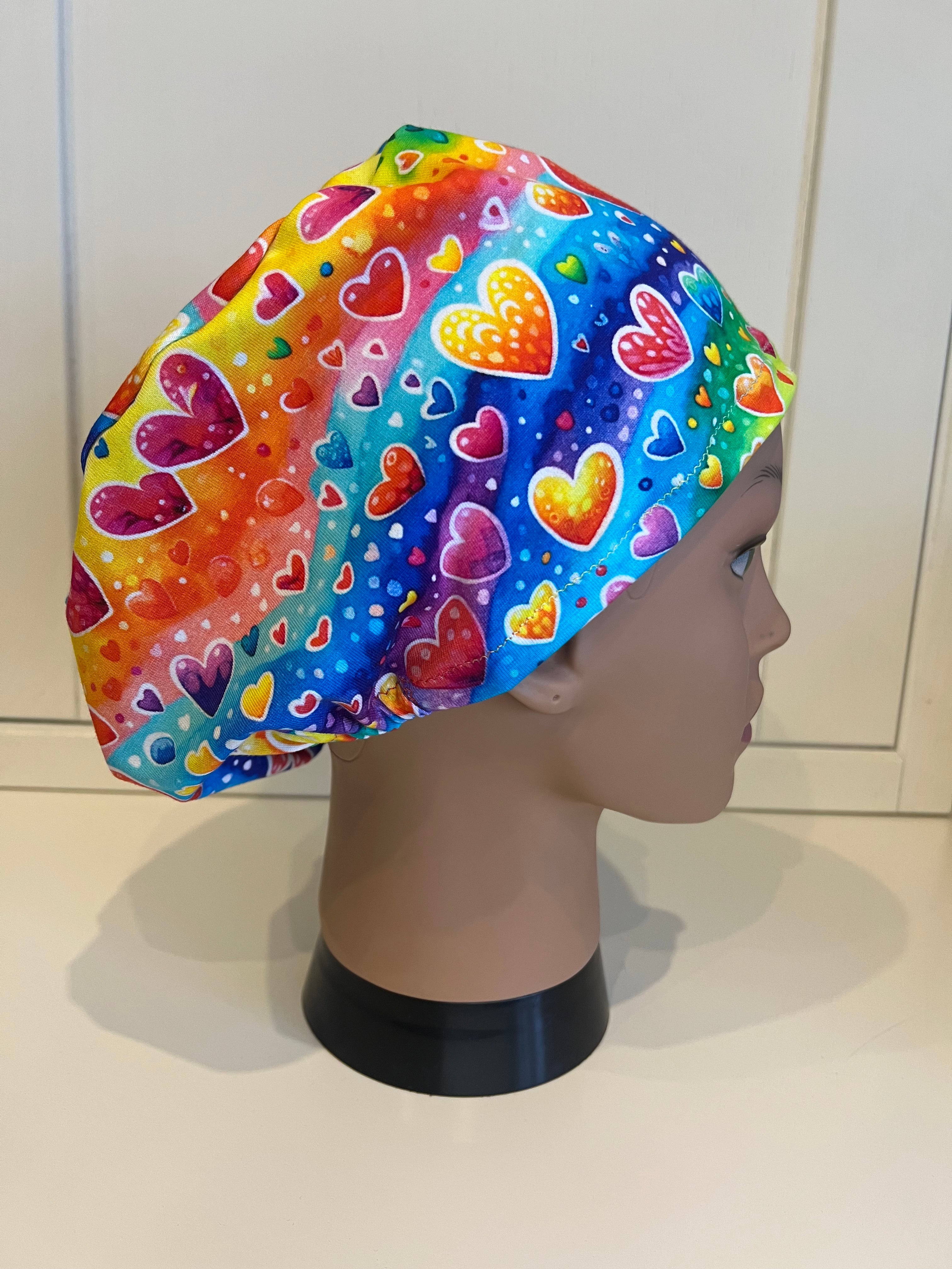 Rainbow Bubble Hearts Premium Cotton Jersey super soft theatre scrub hat/cap - Love, Valentine's Day