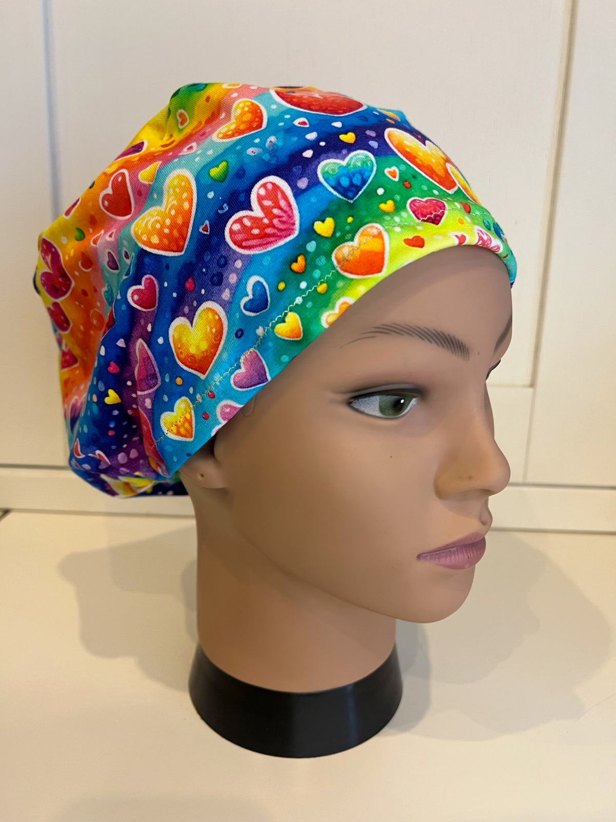Rainbow Bubble Hearts Premium Cotton Jersey super soft theatre scrub hat/cap - Love, Valentine's Day