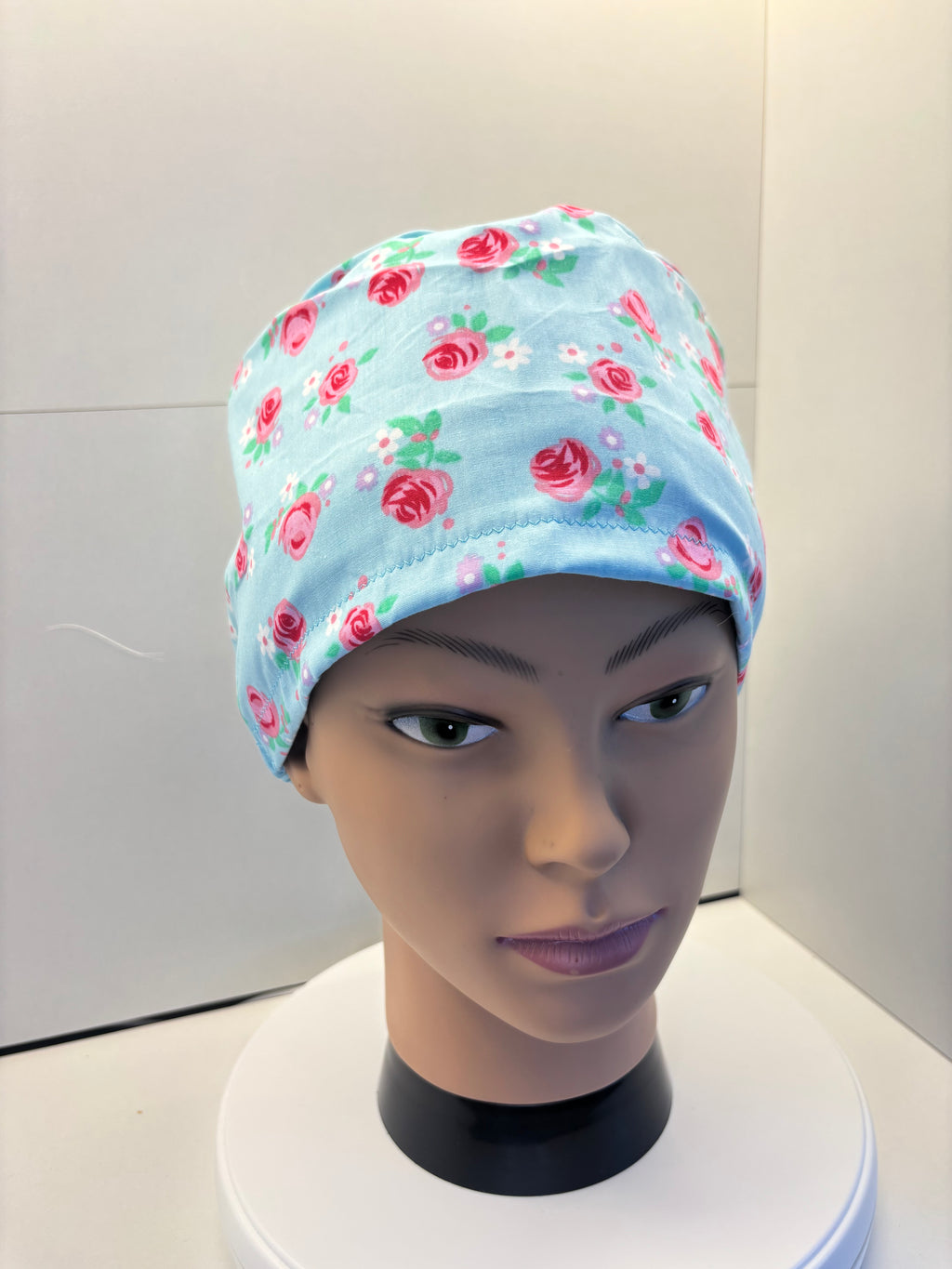 Pink Roses on Blue 100% Cotton Theatre Hat/Scrub Cap, Optional Satin Lining