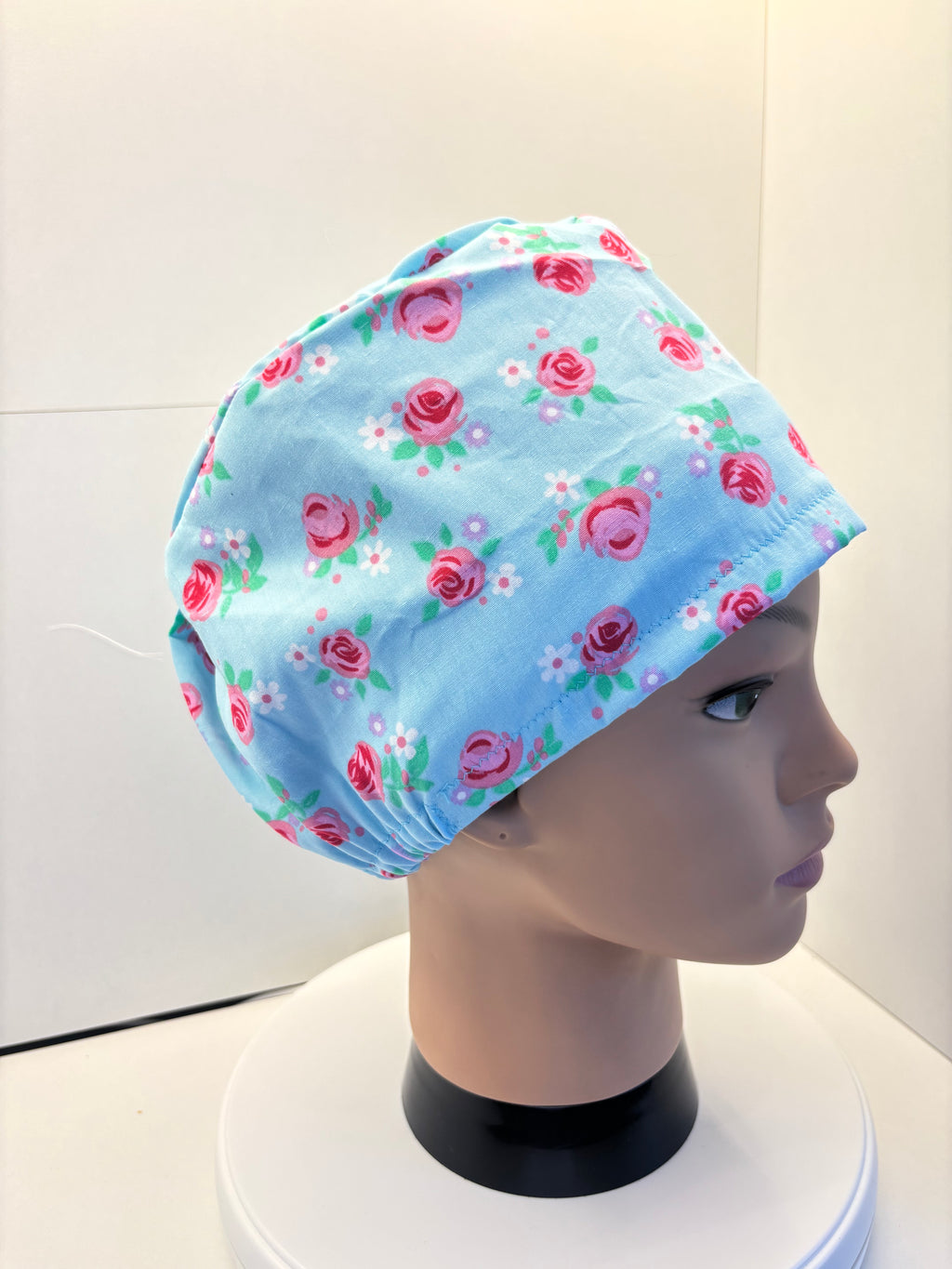 Pink Roses on Blue 100% Cotton Theatre Hat/Scrub Cap, Optional Satin Lining