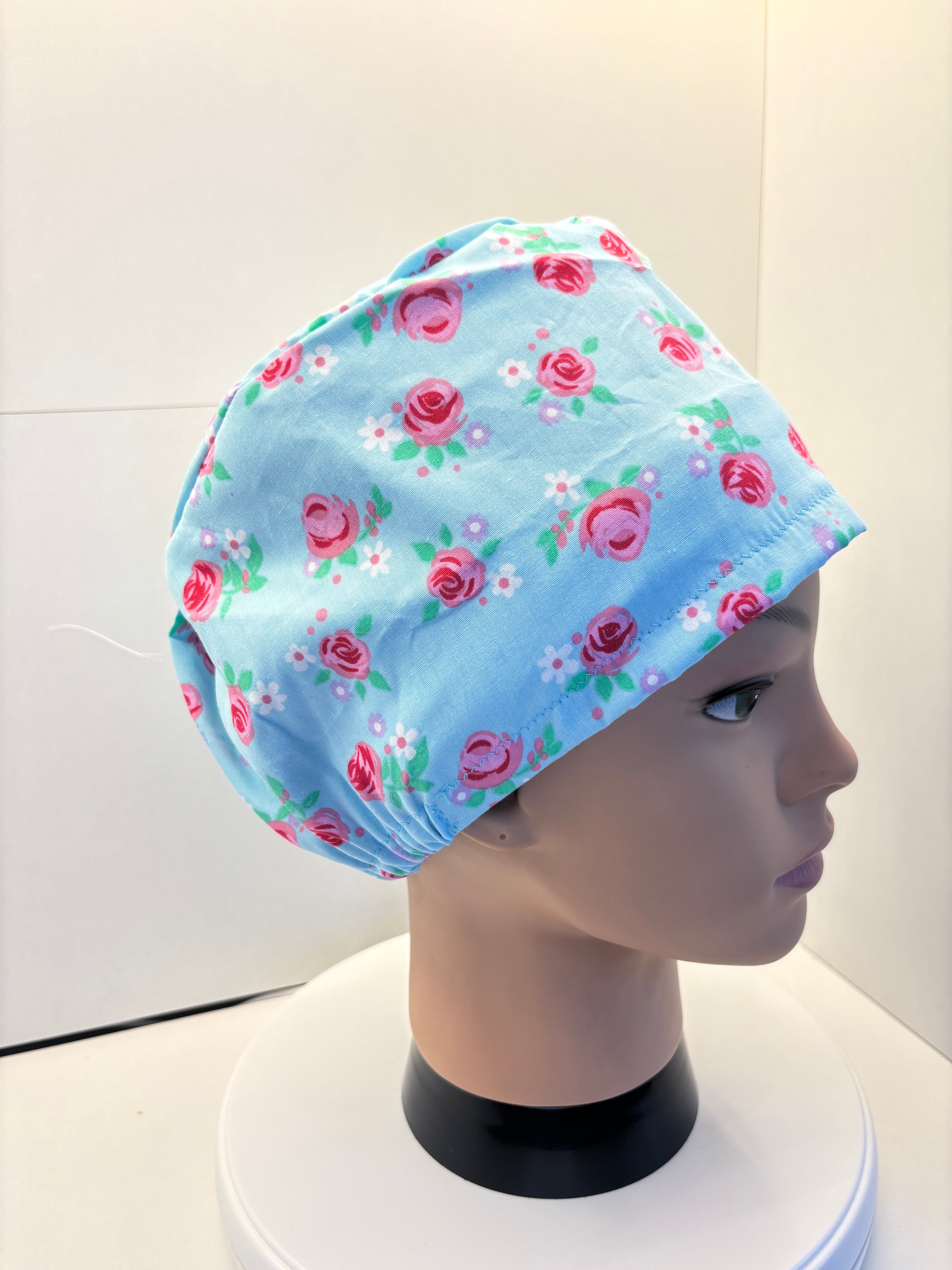 Pink Roses on Blue 100% Cotton Theatre Hat/Scrub Cap, Optional Satin Lining