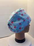 Pink Roses on Blue 100% Cotton Theatre Hat/Scrub Cap, Optional Satin Lining