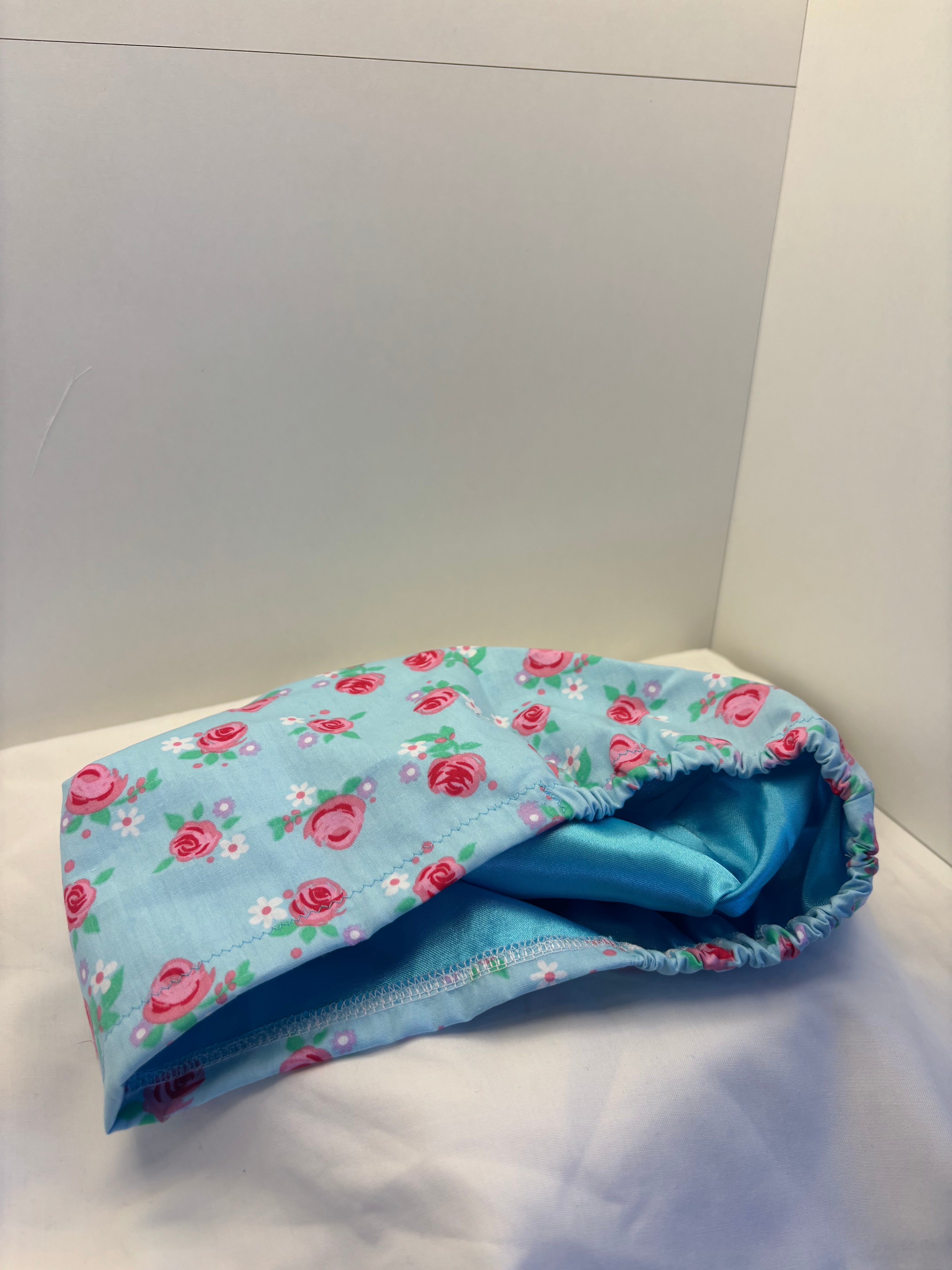 Pink Roses on Blue 100% Cotton Theatre Hat/Scrub Cap, Optional Satin Lining