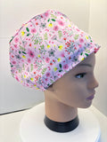 Pink Flower Garden 100% Cotton Theatre Hat/Scrub Cap Optional Satin Lining
