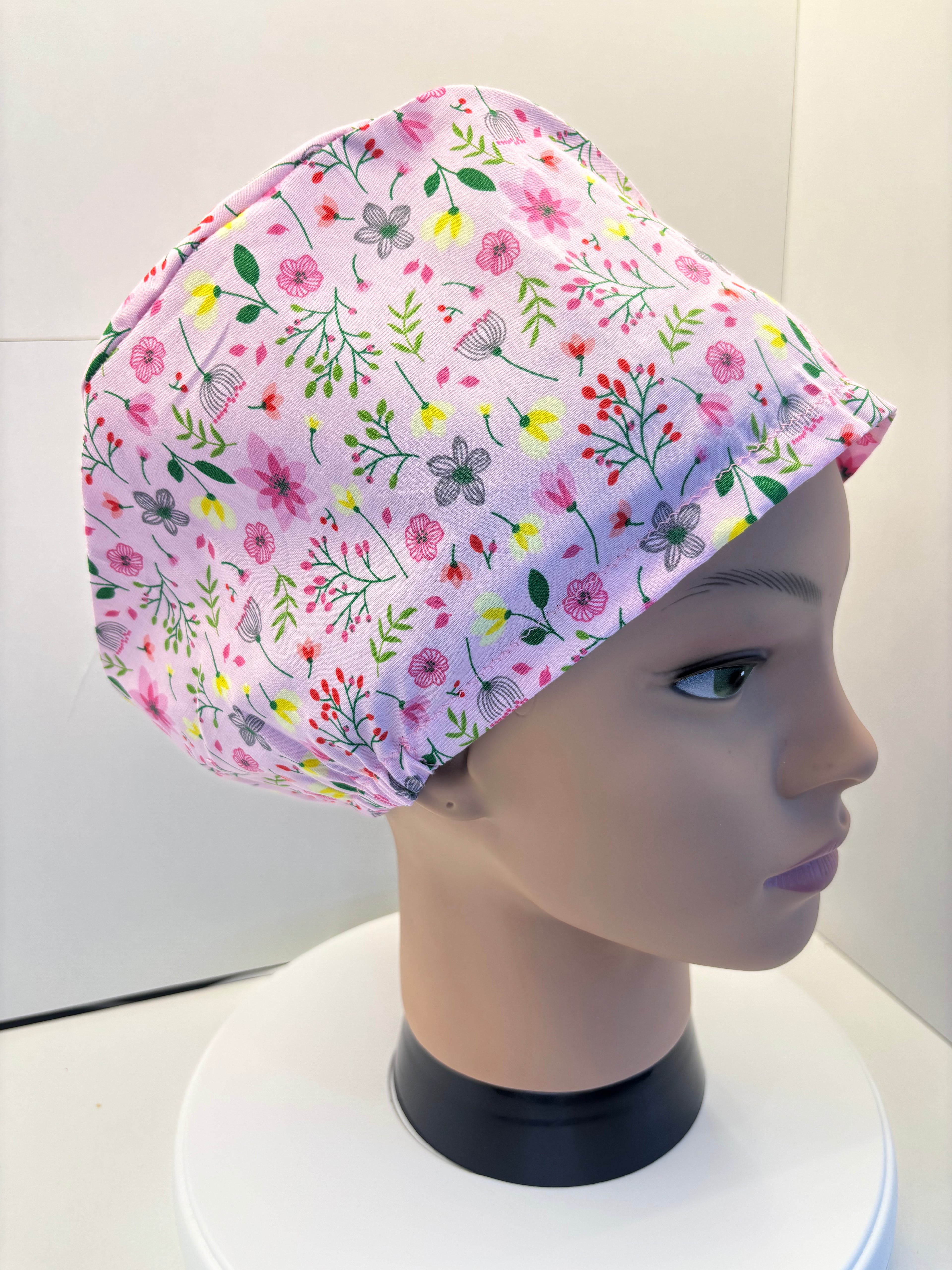 Pink Flower Garden 100% Cotton Theatre Hat/Scrub Cap Optional Satin Lining