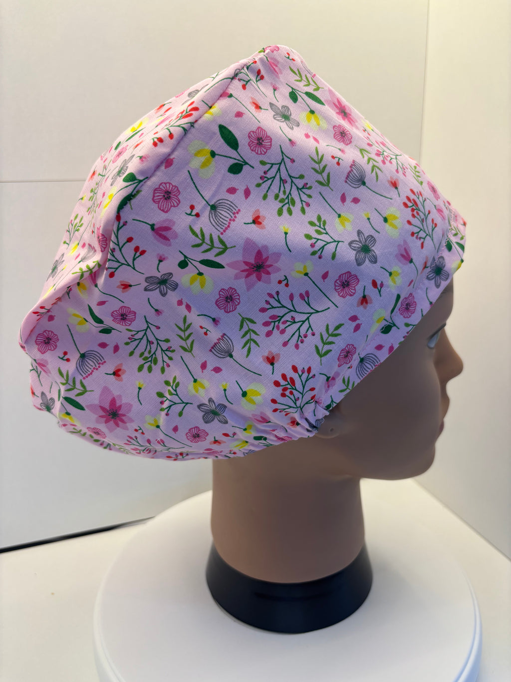 Pink Flower Garden 100% Cotton Theatre Hat/Scrub Cap Optional Satin Lining