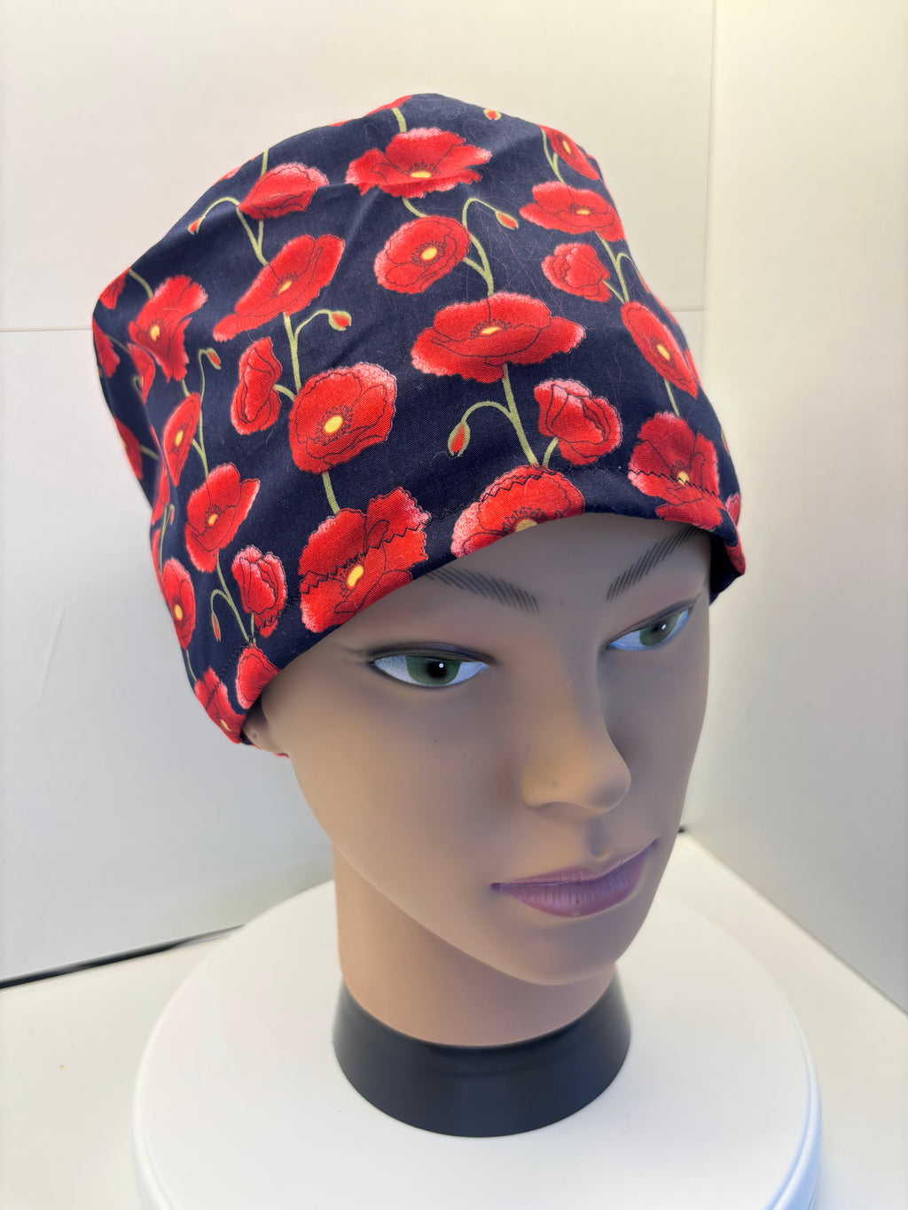 Navy Poppies 100% Cotton Theatre Hat/Scrub Cap Optional Satin Lining
