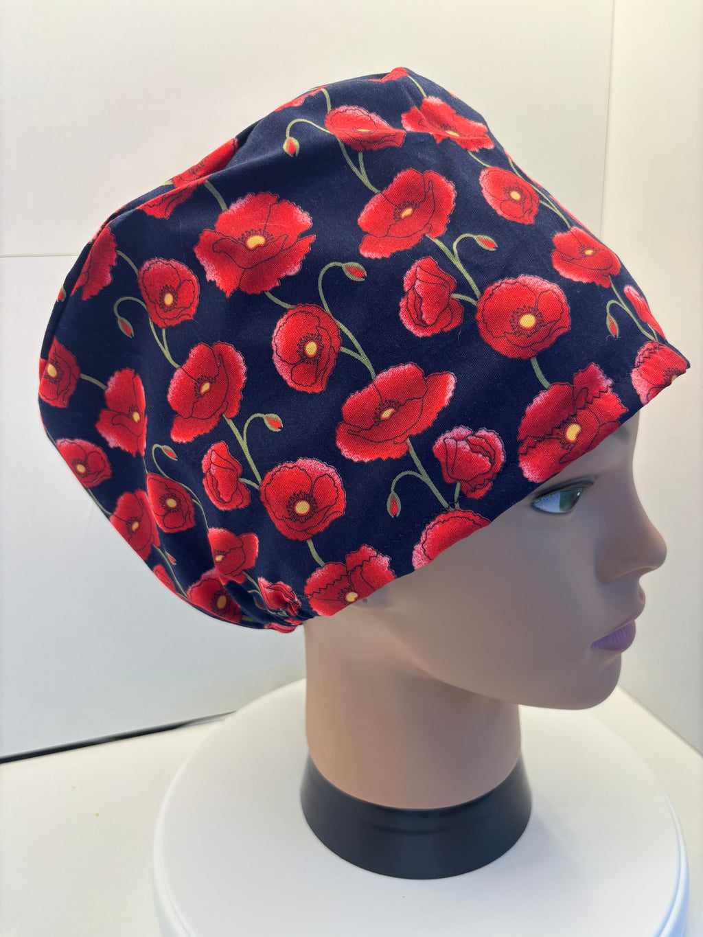 Navy Poppies 100% Cotton Theatre Hat/Scrub Cap Optional Satin Lining