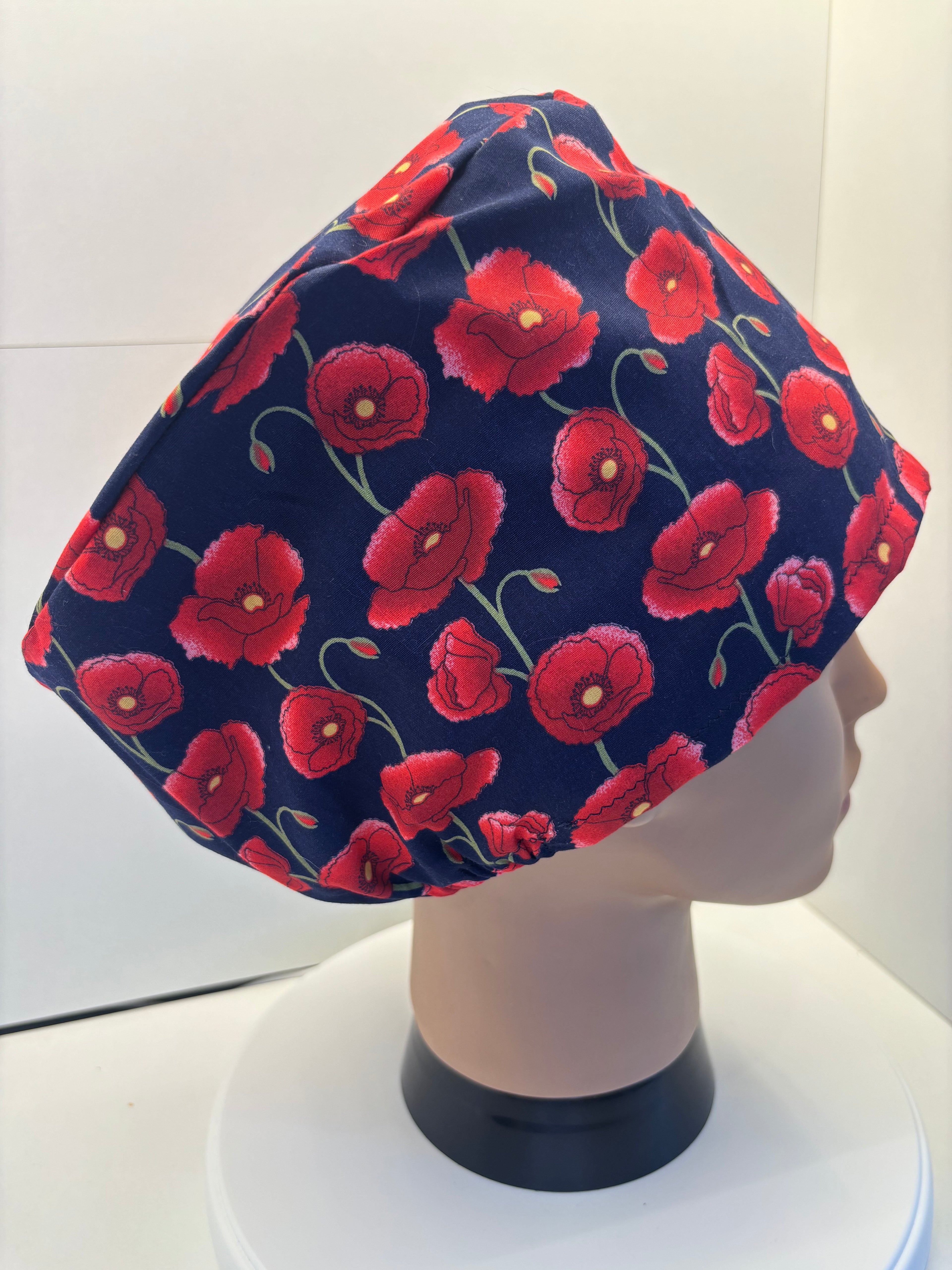 Navy Poppies 100% Cotton Theatre Hat/Scrub Cap Optional Satin Lining