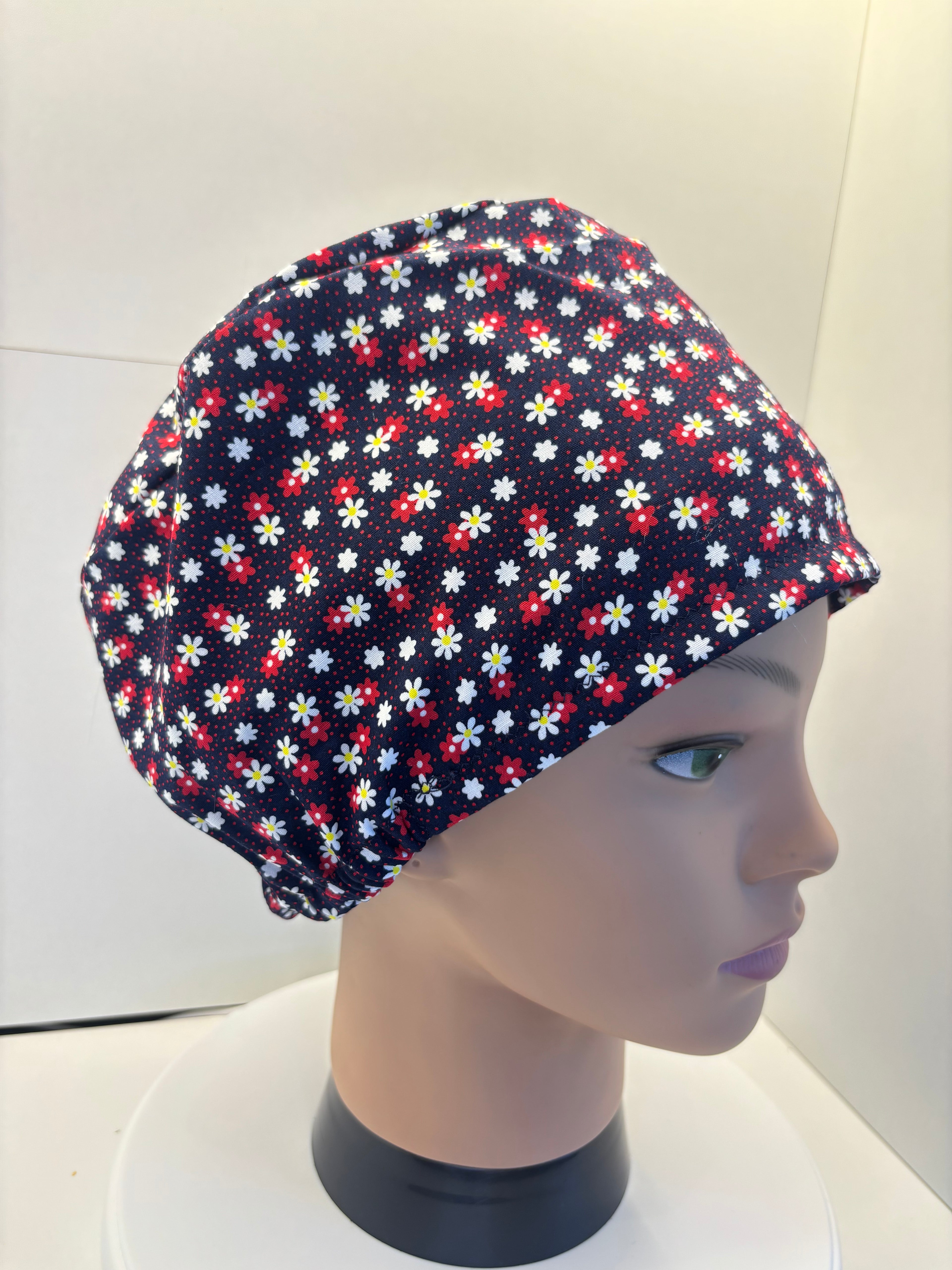 Navy Daisies 100% Cotton Theatre Hat/Scrub Cap Optional Satin Lining