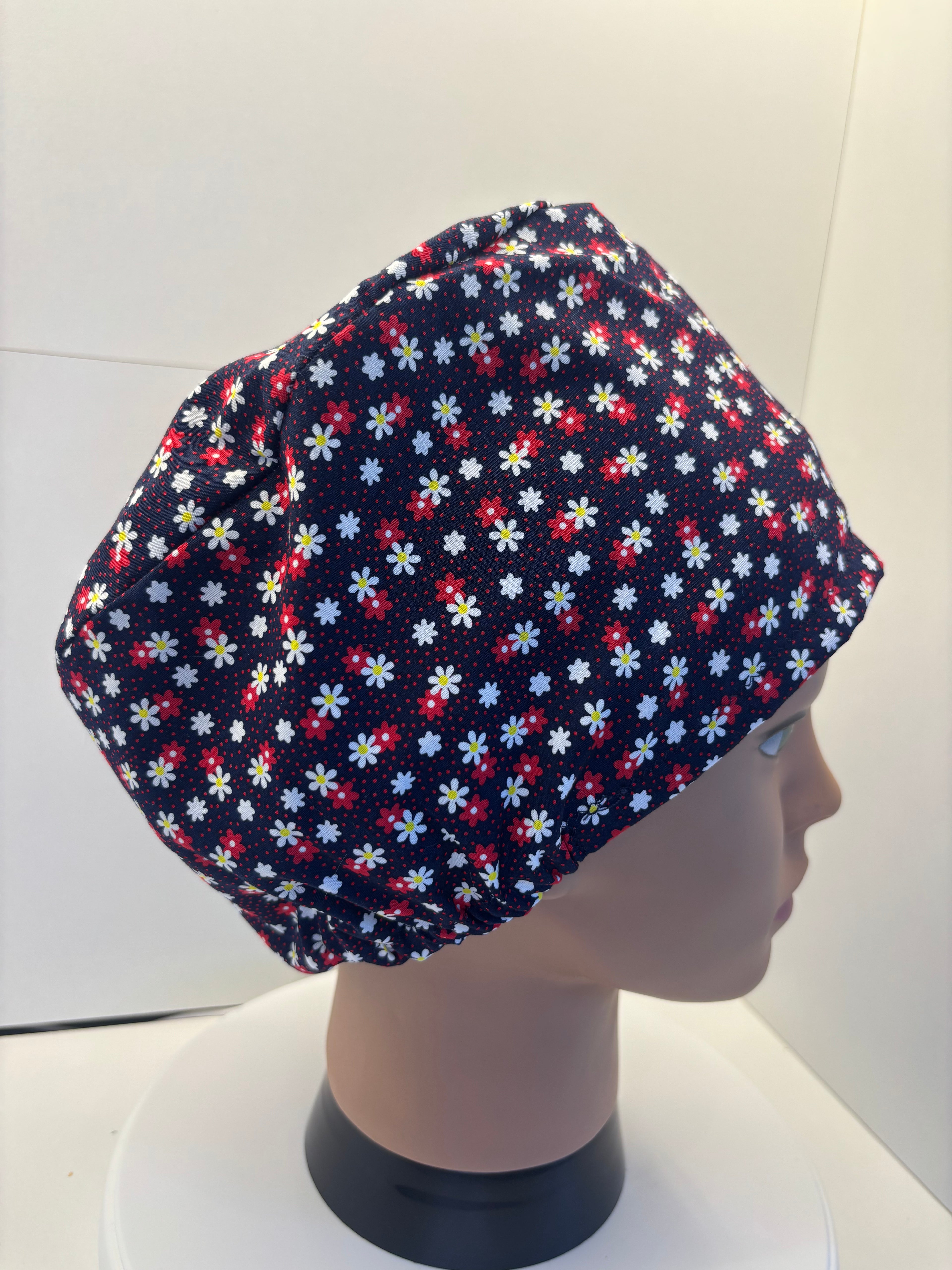 Navy Daisies 100% Cotton Theatre Hat/Scrub Cap Optional Satin Lining