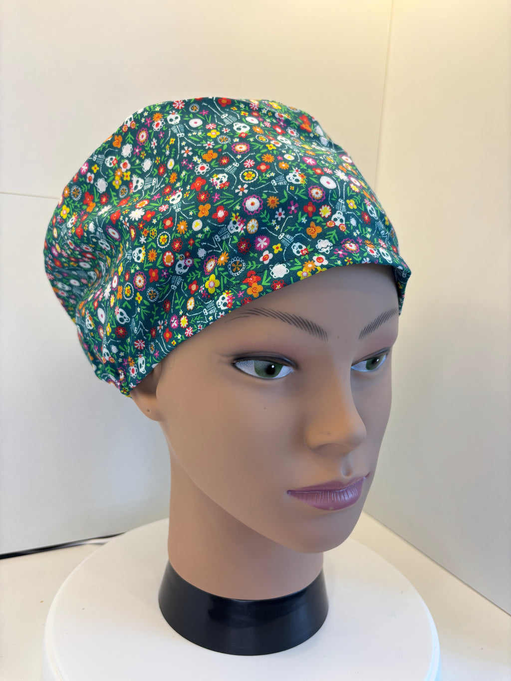 Green floral Skeleton 100% Cotton  fabric theatre scrub cap / hat