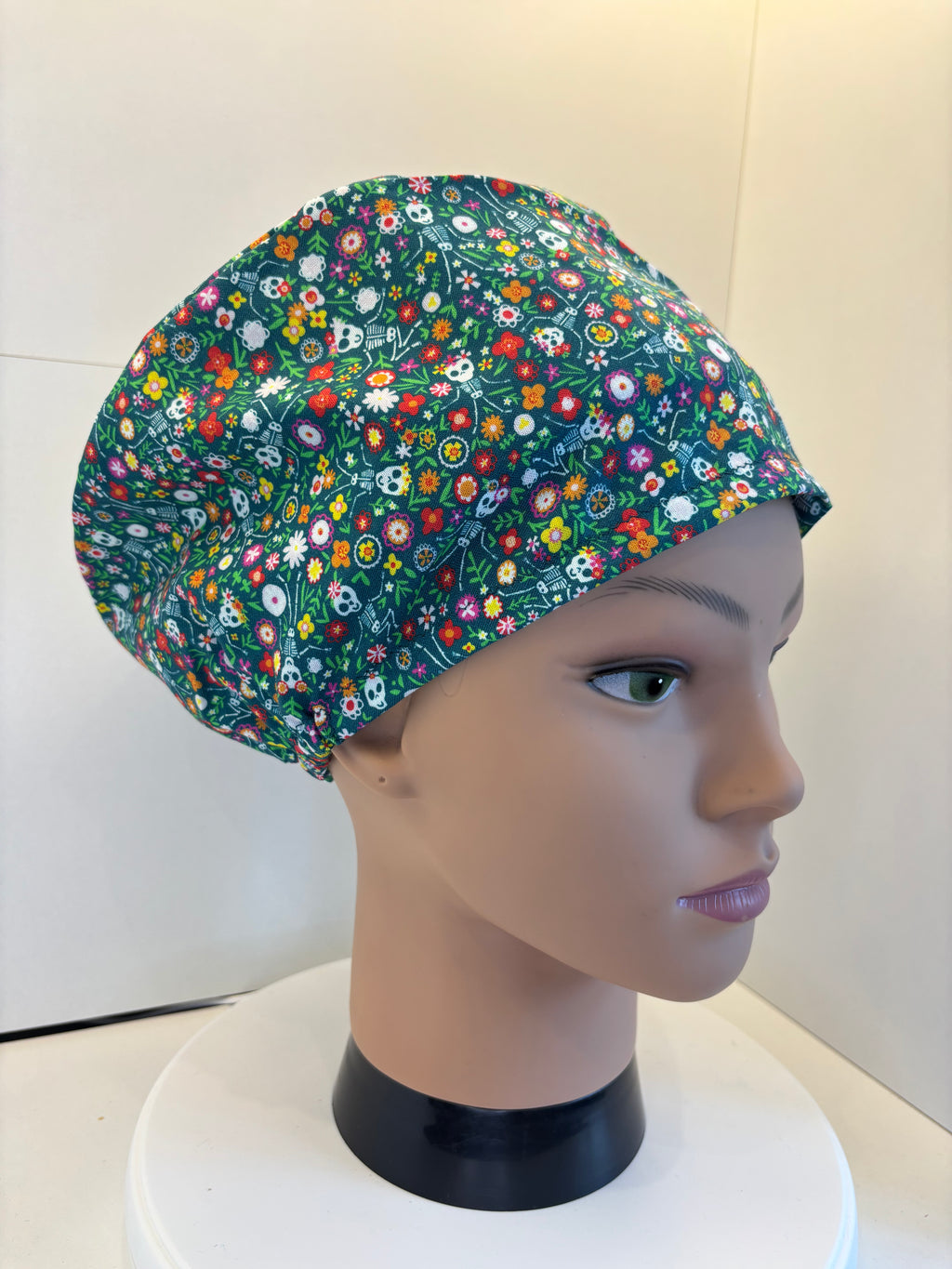 Green floral Skeleton 100% Cotton  fabric theatre scrub cap / hat
