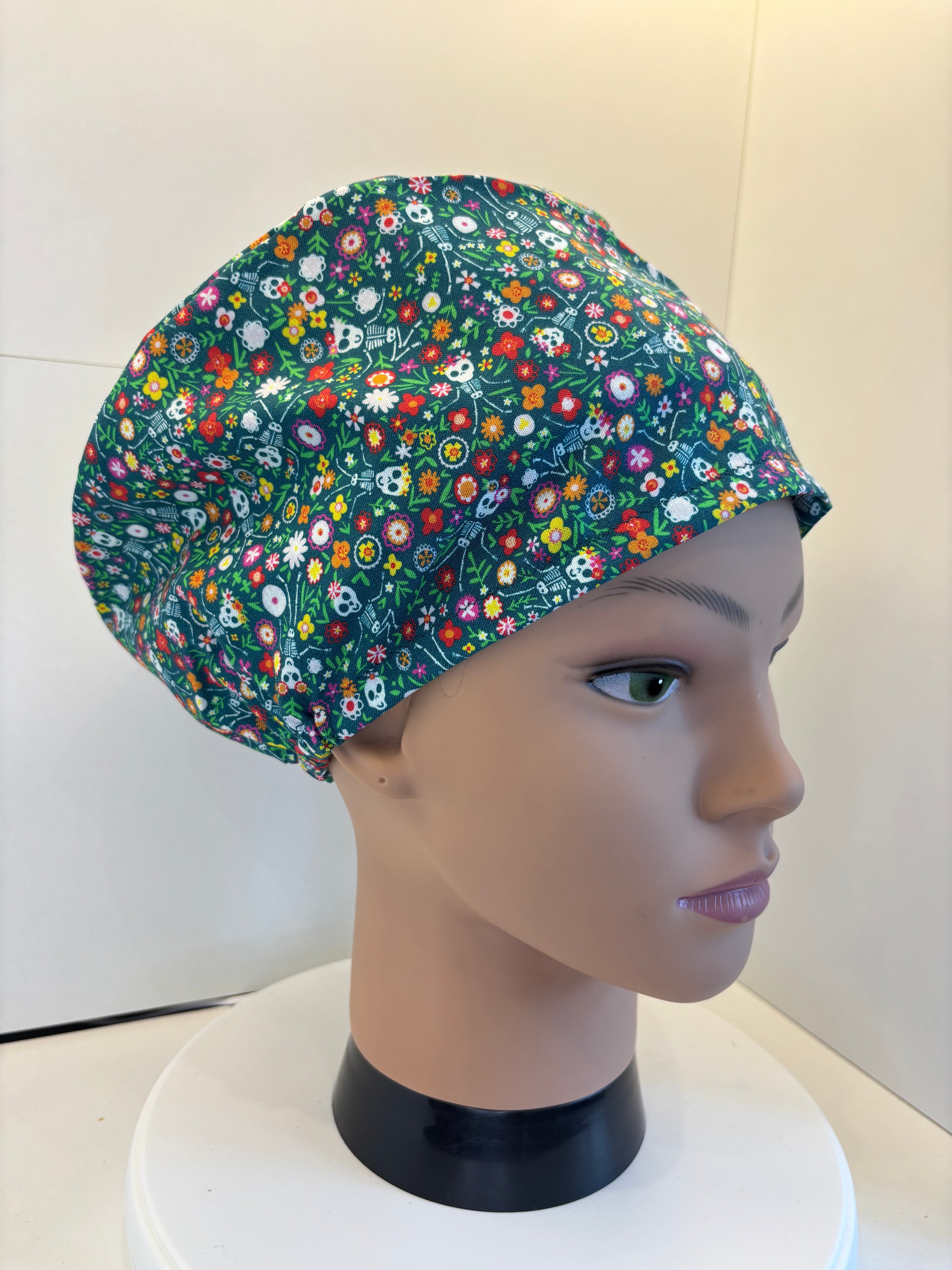 Green floral Skeleton 100% Cotton  fabric theatre scrub cap / hat