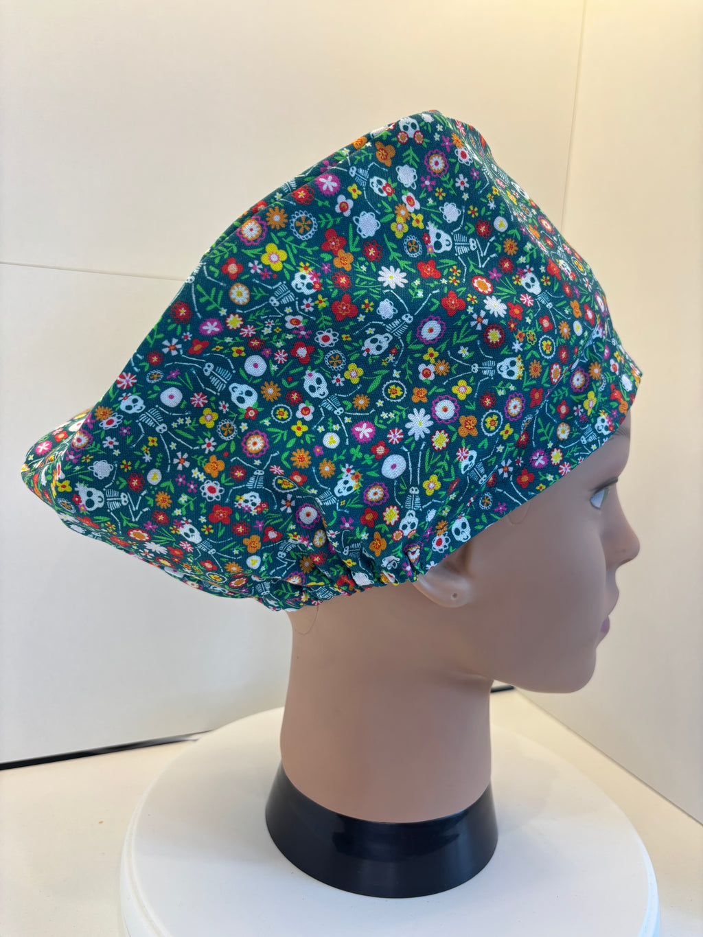 Green floral Skeleton 100% Cotton  fabric theatre scrub cap / hat