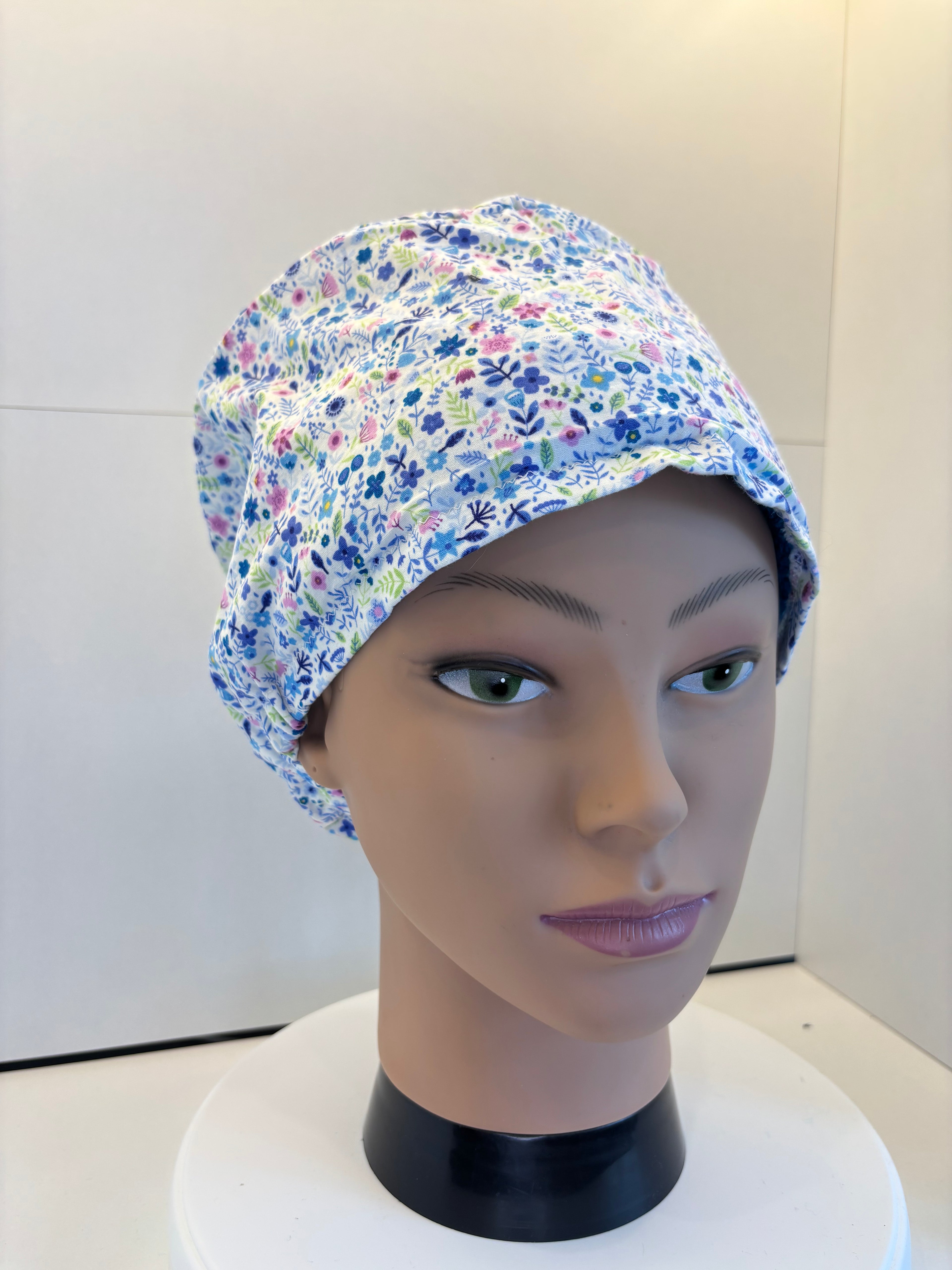 Ditsy Blue Floral 100% Cotton Theatre Hat/Scrub Cap Optional Satin Lining
