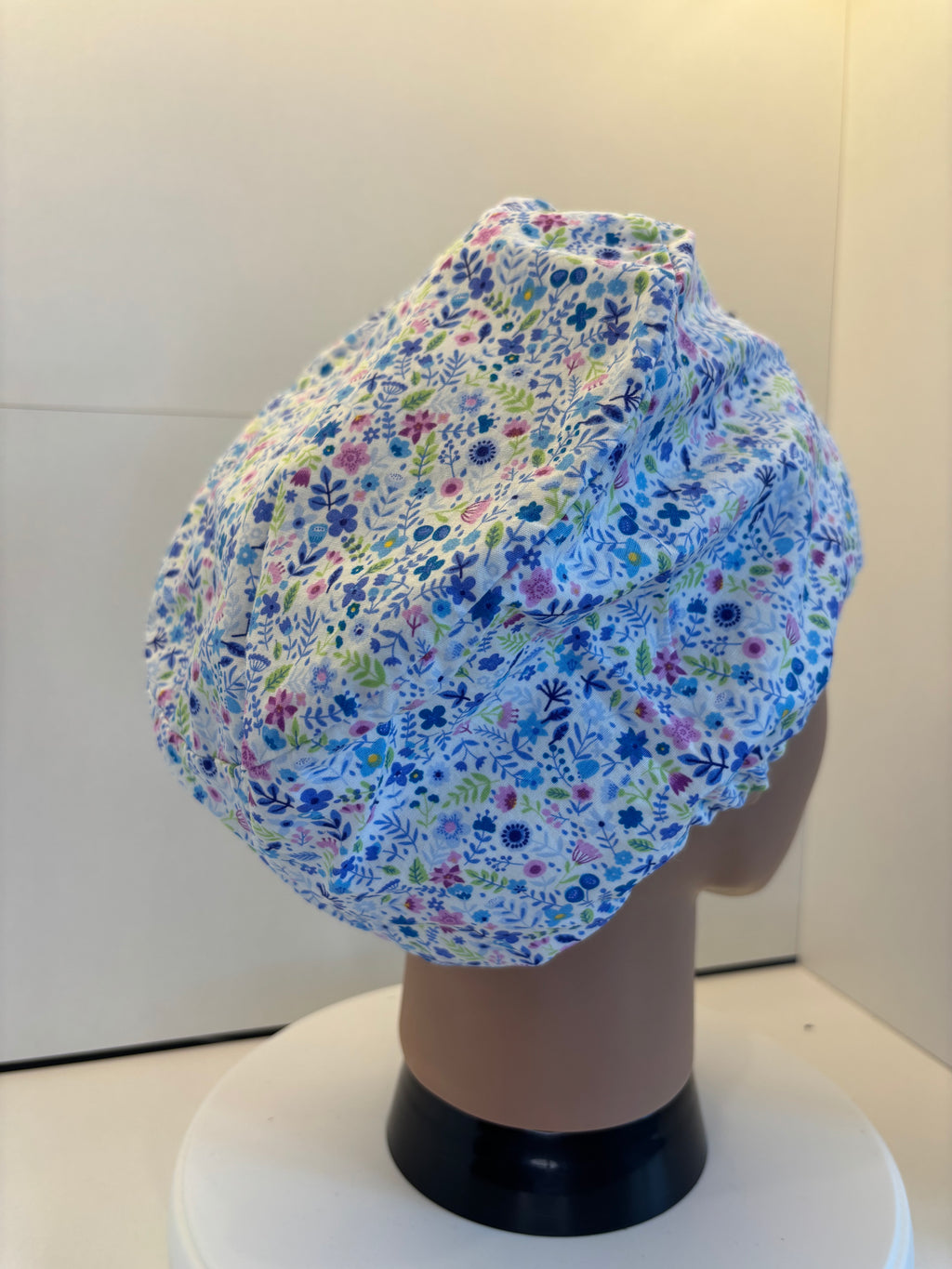 Ditsy Blue Floral 100% Cotton Theatre Hat/Scrub Cap Optional Satin Lining