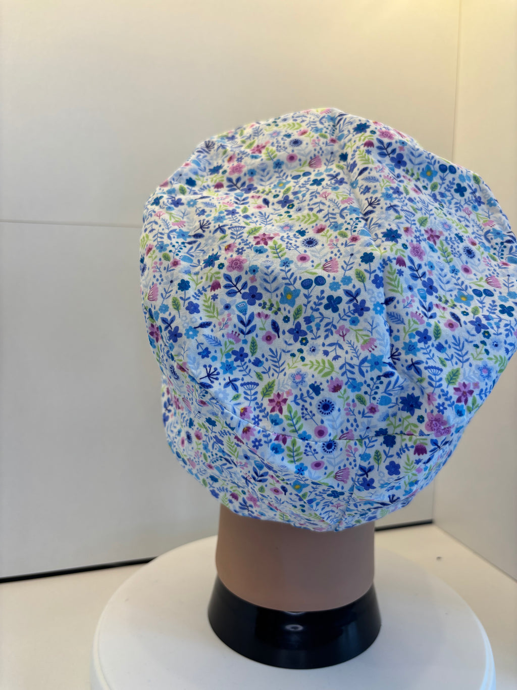 Ditsy Blue Floral 100% Cotton Theatre Hat/Scrub Cap Optional Satin Lining