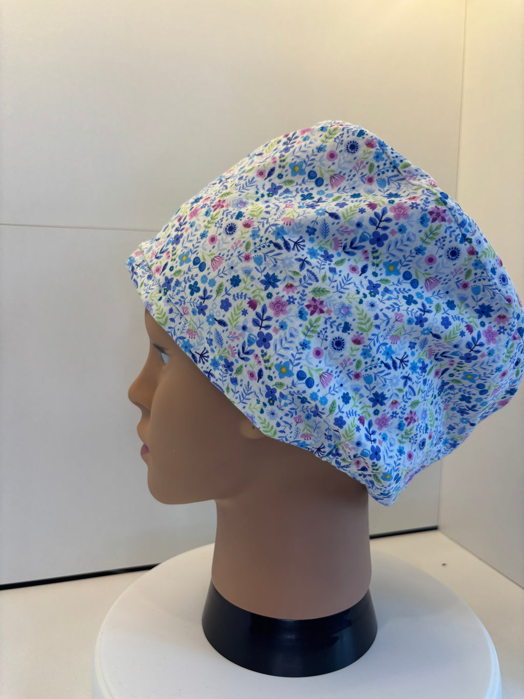 Ditsy Blue Floral 100% Cotton Theatre Hat/Scrub Cap Optional Satin Lining