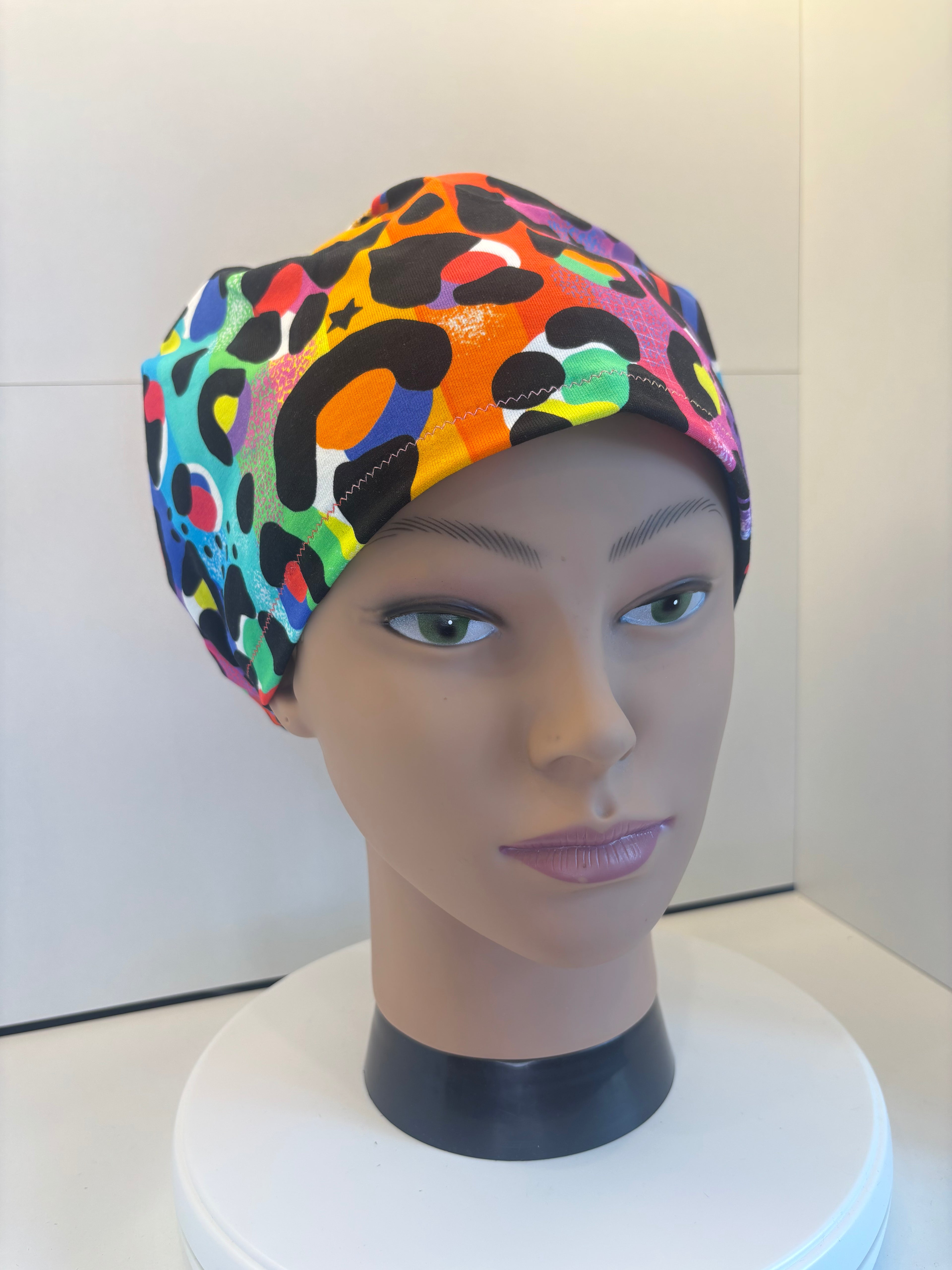 Rainbow Leopard Print Soft Jersey Fabric theatre scrub cap / hat.  Ethically made. Standard and Large size