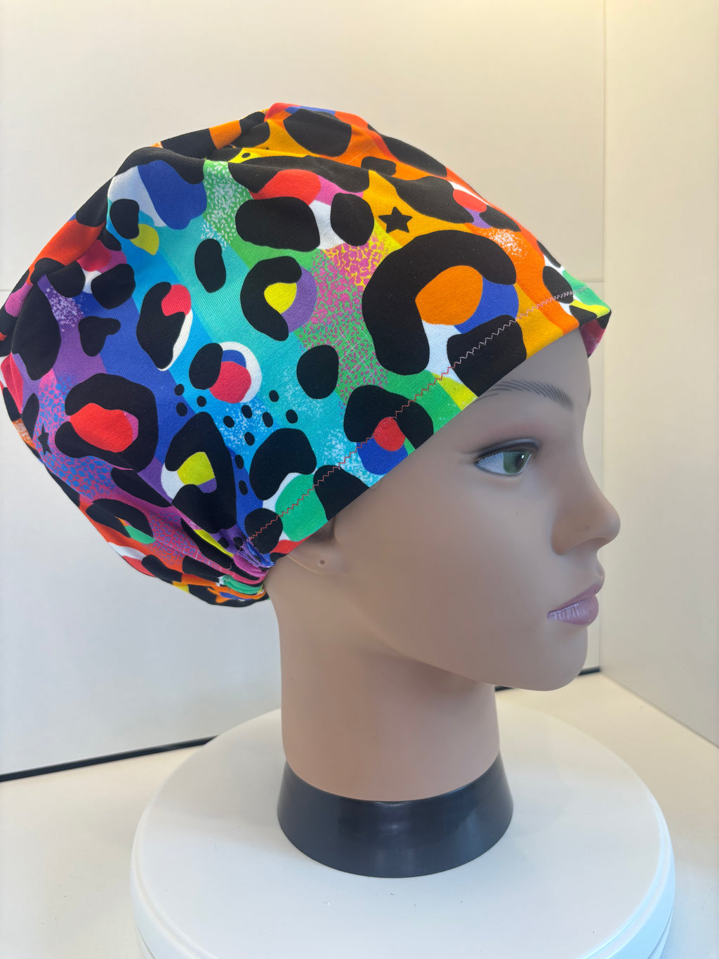 Rainbow Leopard Print Soft Jersey Fabric theatre scrub cap / hat.  Ethically made. Standard and Large size