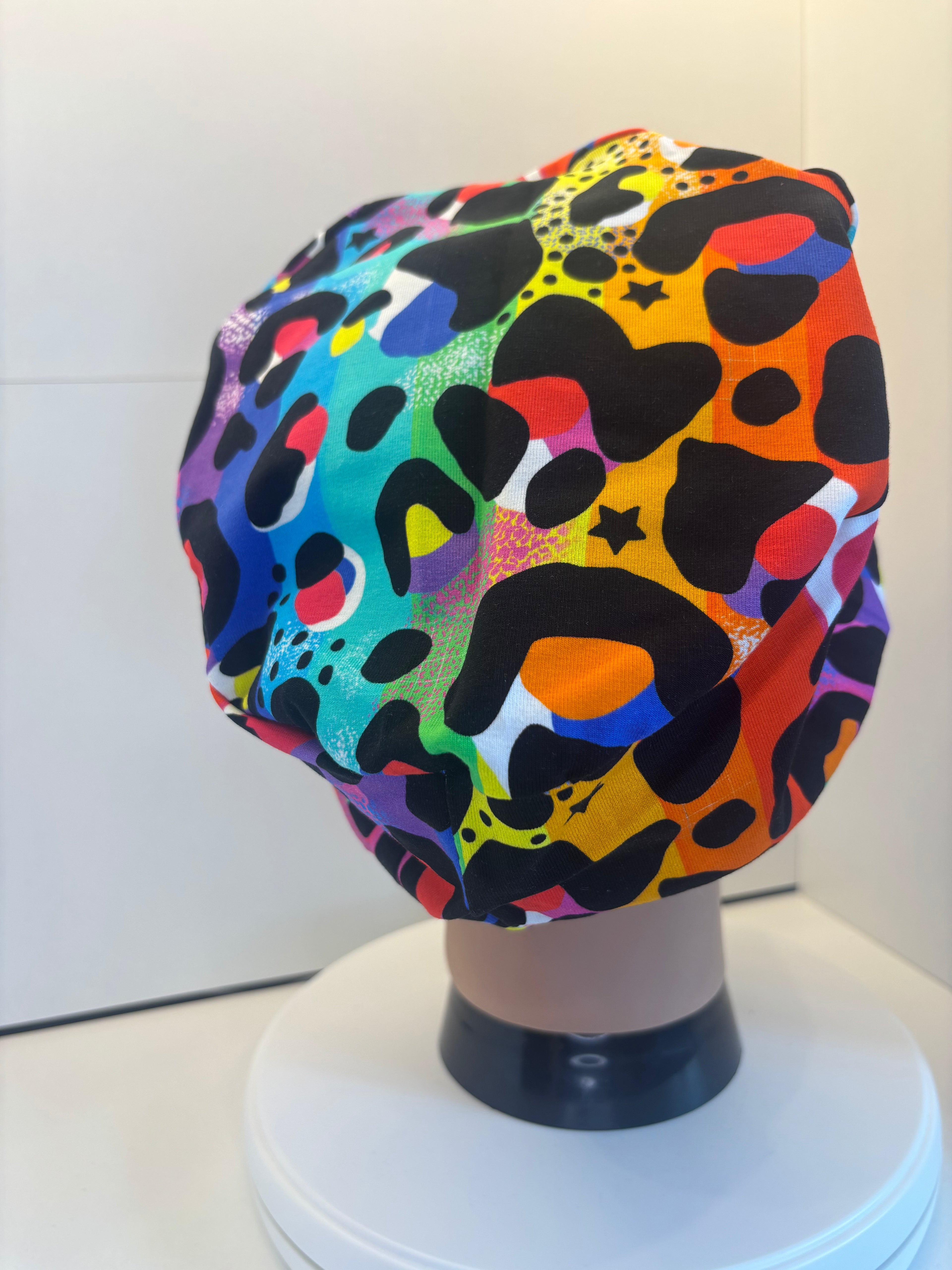 Rainbow Leopard Print Soft Jersey Fabric theatre scrub cap / hat.  Ethically made. Standard and Large size