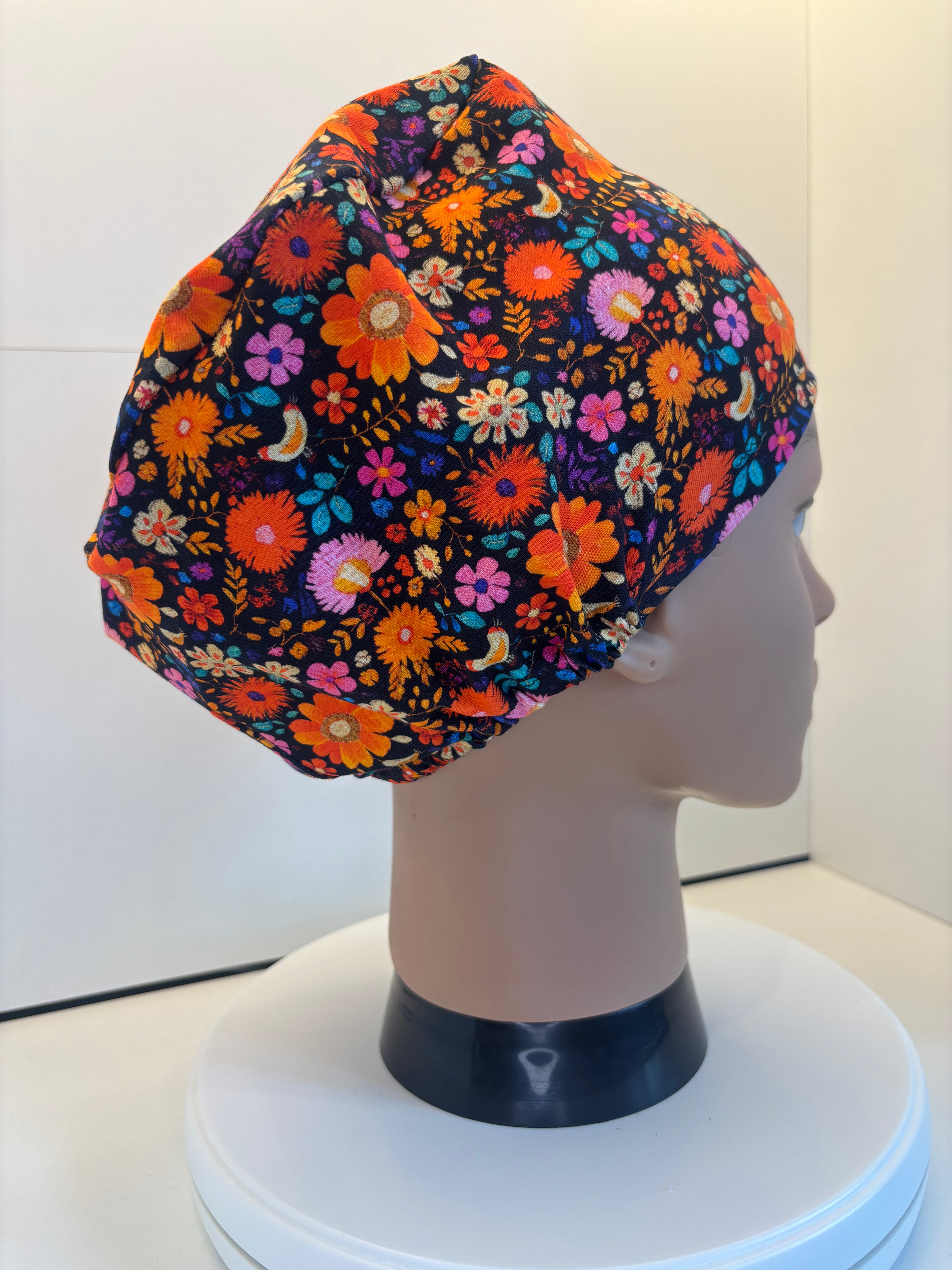 Midnight Wildflowers Premium Cotton Jersey Super Soft Surgical/Theatre Scrub Hat/Cap. UK Handmade