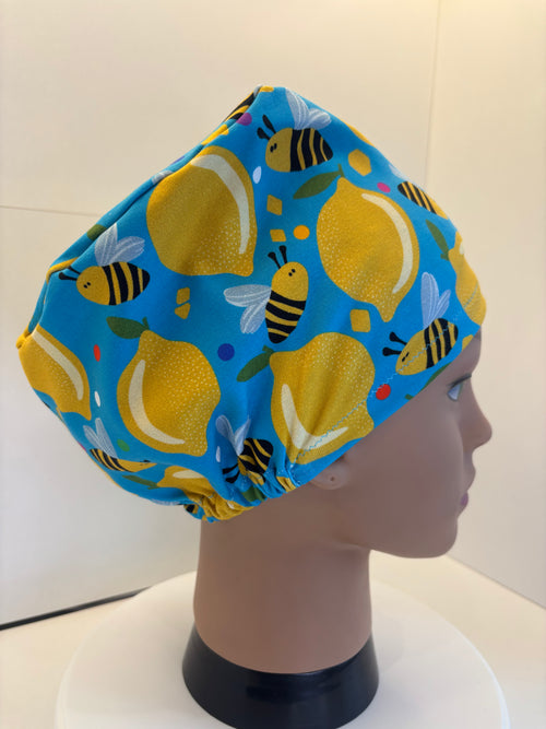 Bees and Lemons Premium Cotton Jersey Super Soft Surgical/Theatre Scrub Hat/Cap. UK Handmade