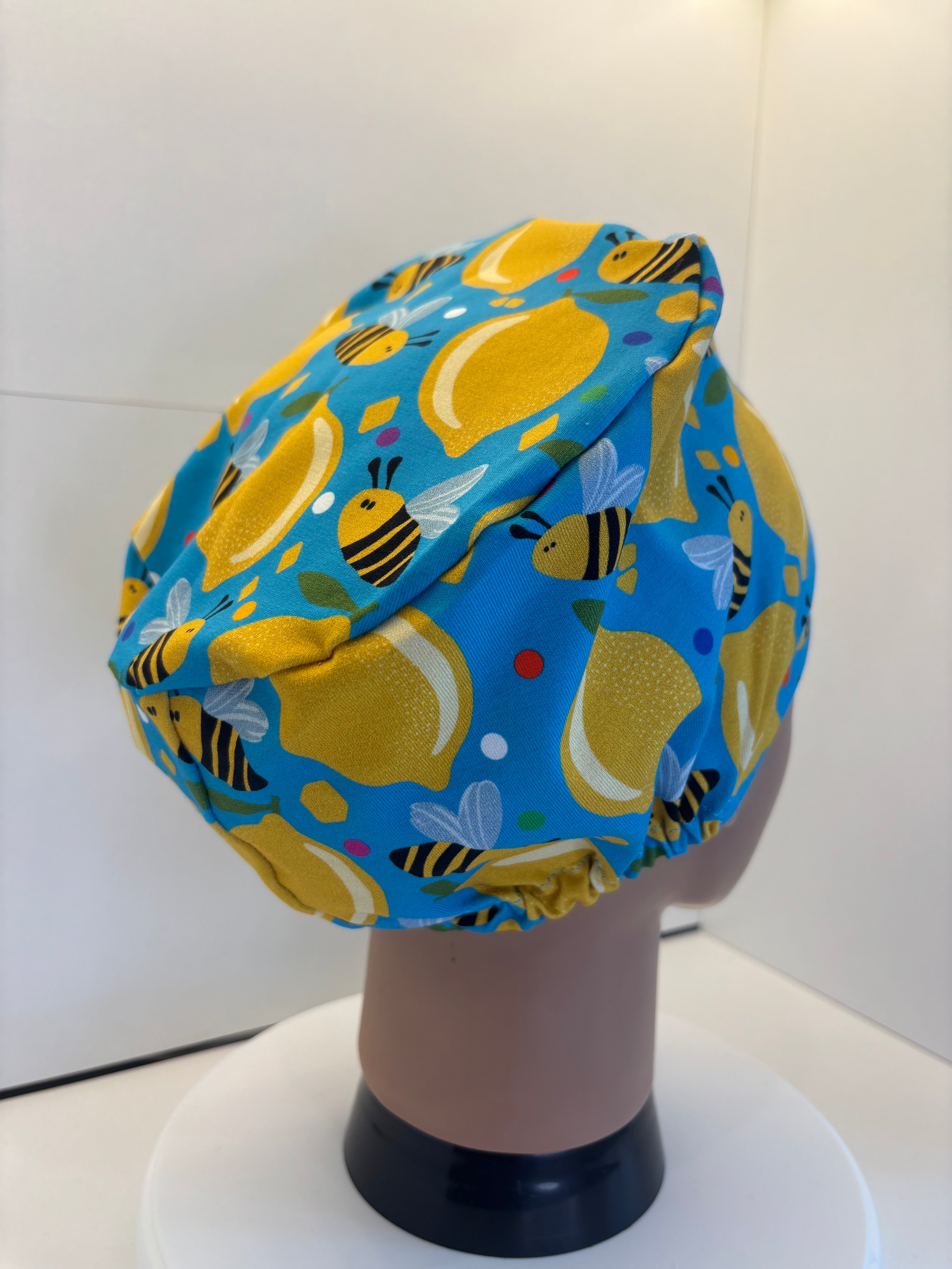 Bees and Lemons Premium Cotton Jersey Super Soft Surgical/Theatre Scrub Hat/Cap. UK Handmade