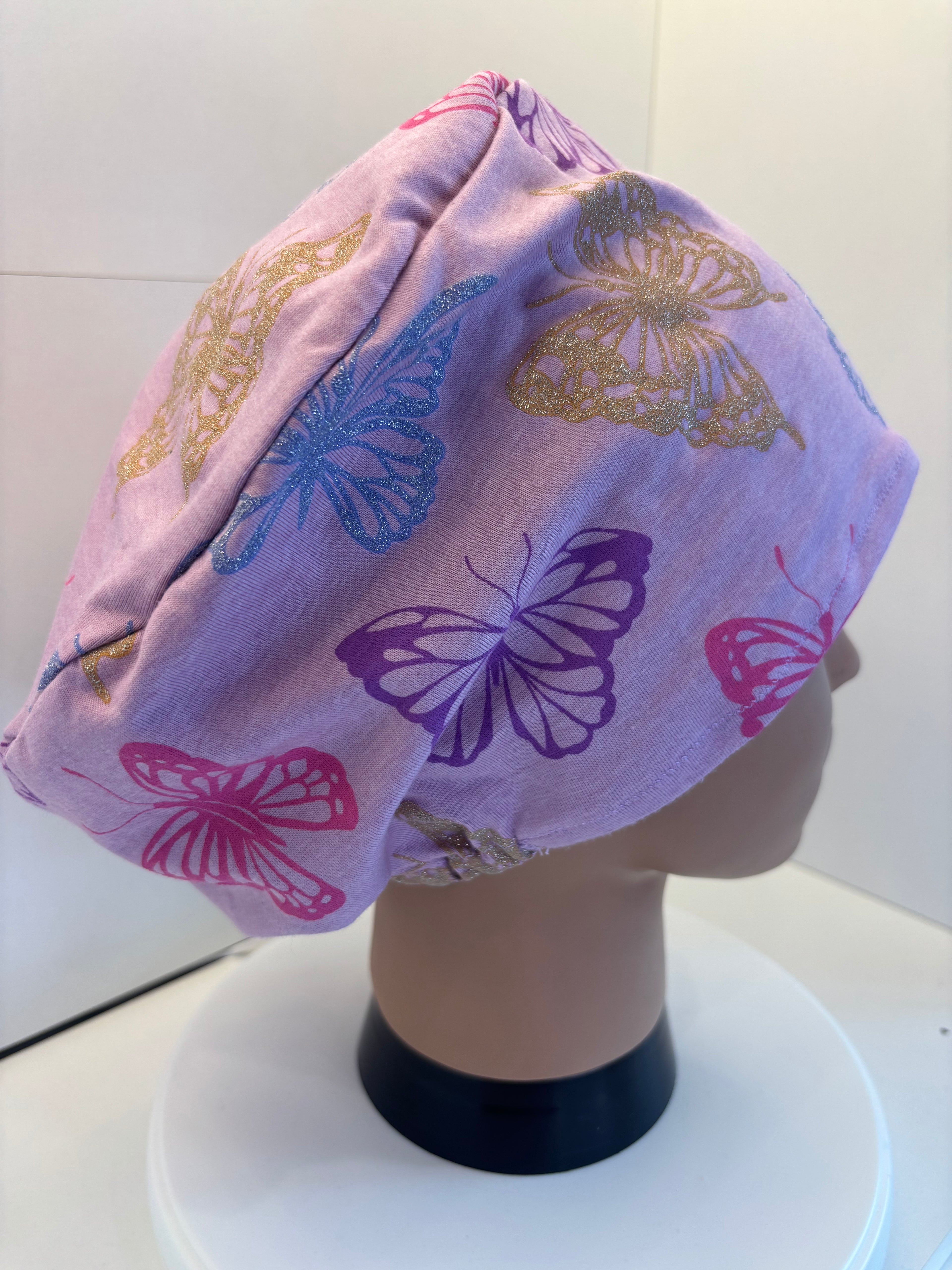 Purple Glitter Butterflies Premium Jersey Fabric Theatre Hat/Scrub Cap