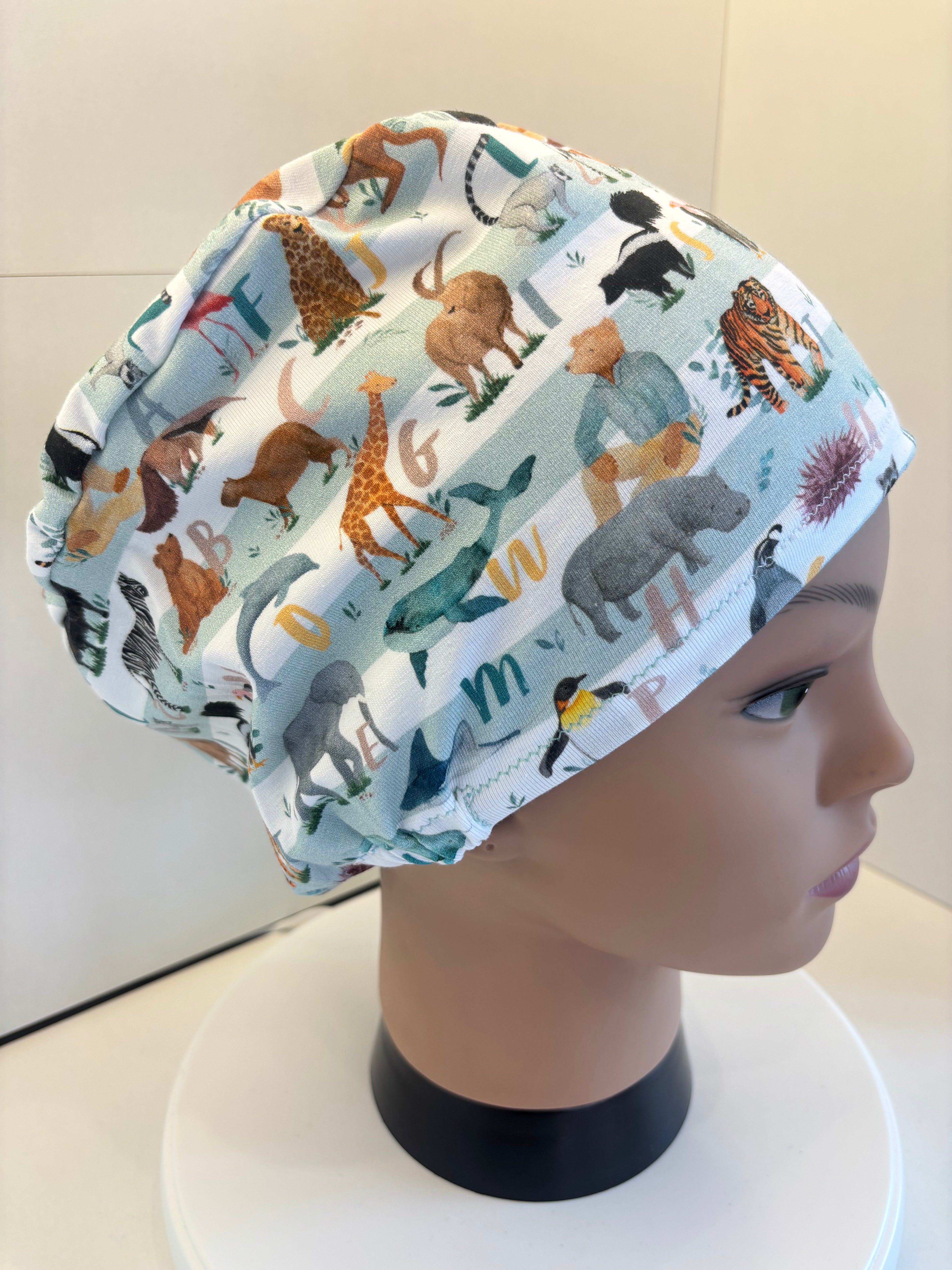 Alphabet Jungle Premium Cotton Jersey Super Soft Surgical/Theatre Scrub Hat/Cap. UK Handmade