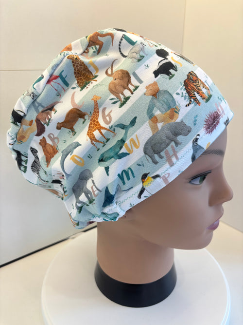 Alphabet Jungle Premium Cotton Jersey Super Soft Surgical/Theatre Scrub Hat/Cap. UK Handmade