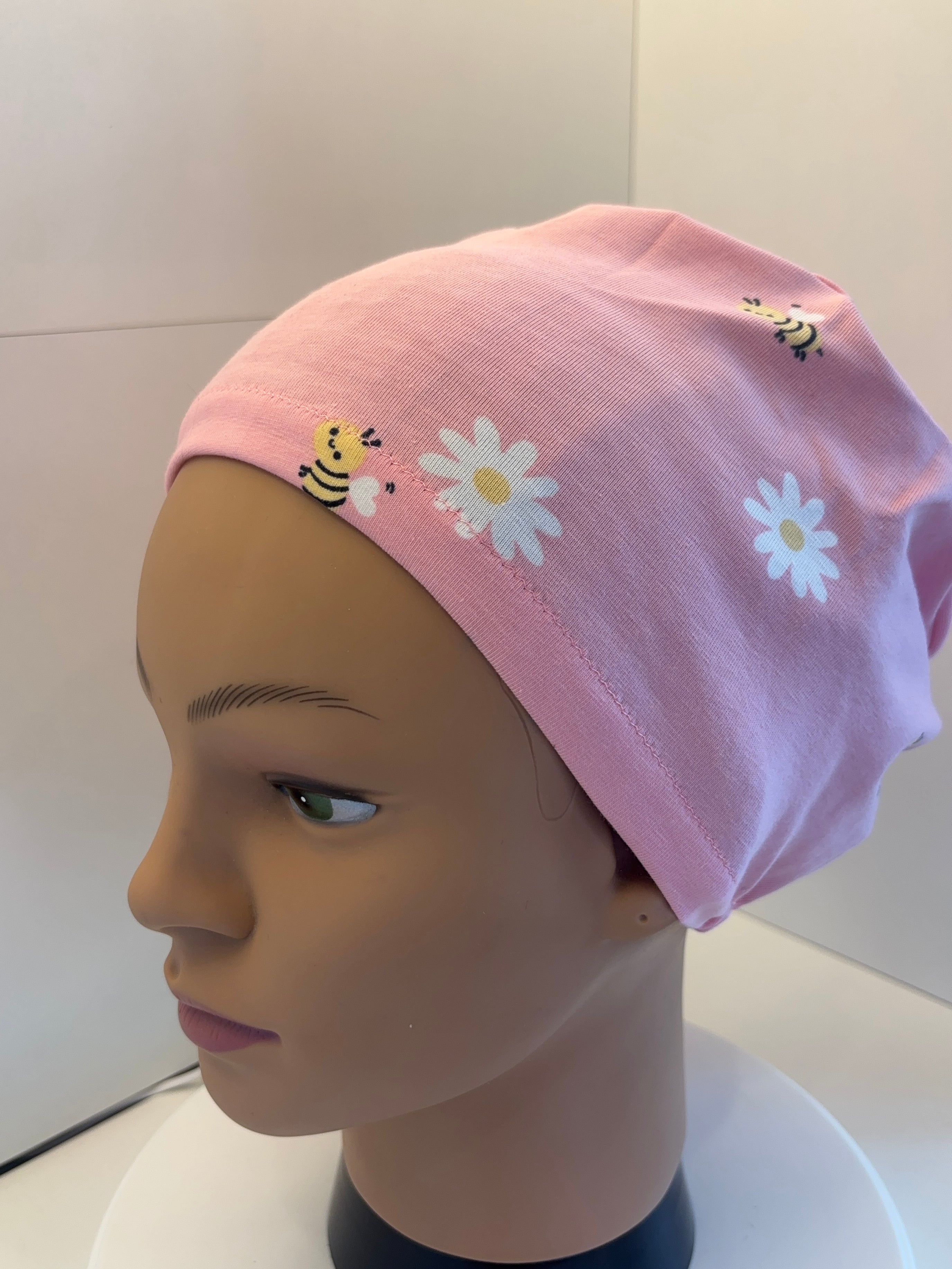 Pink Bees & Daisies Premium Jersey super soft and smooth cotton theatre scrub hat/cap