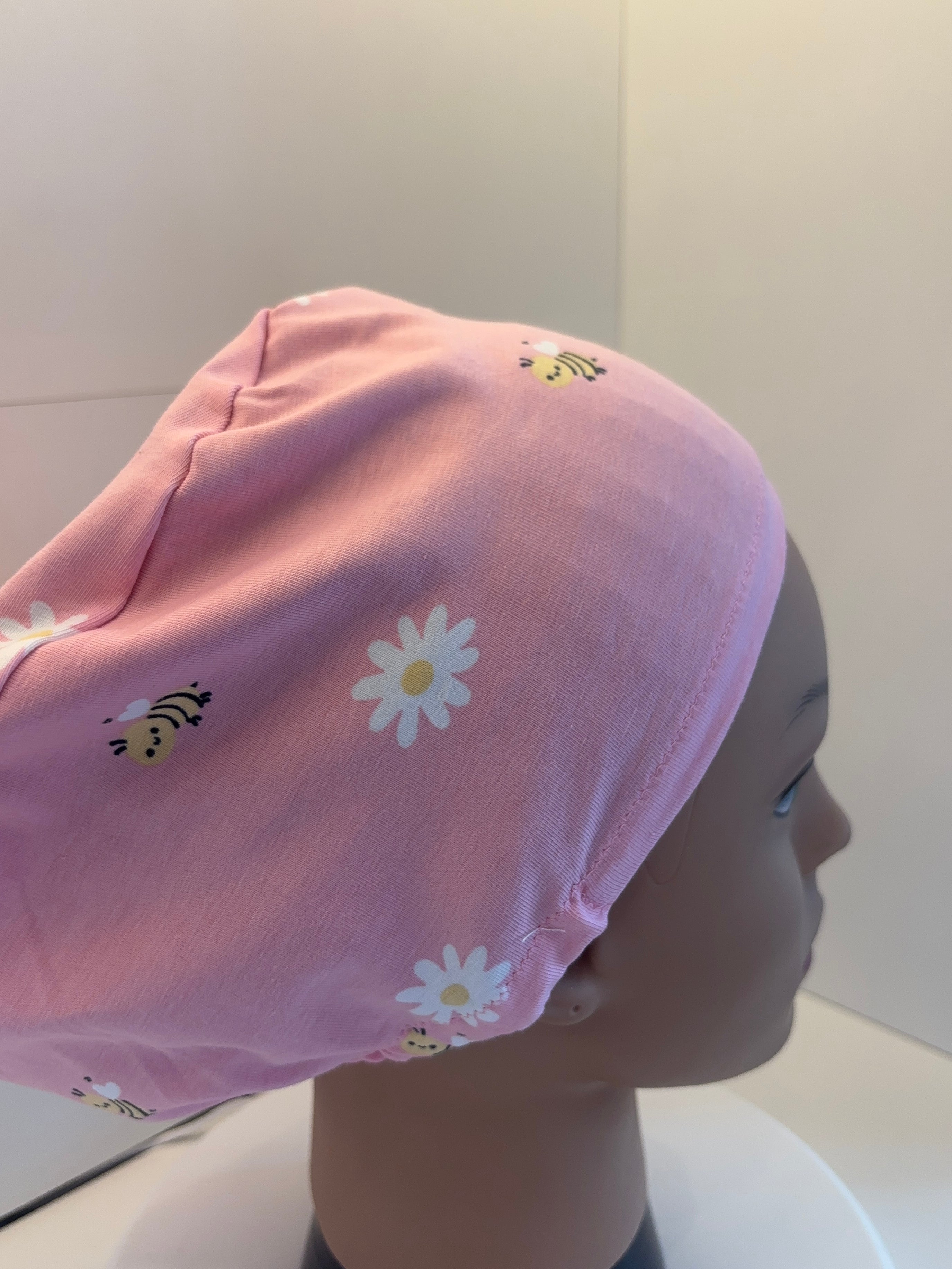 Pink Bees & Daisies Premium Jersey super soft and smooth cotton theatre scrub hat/cap