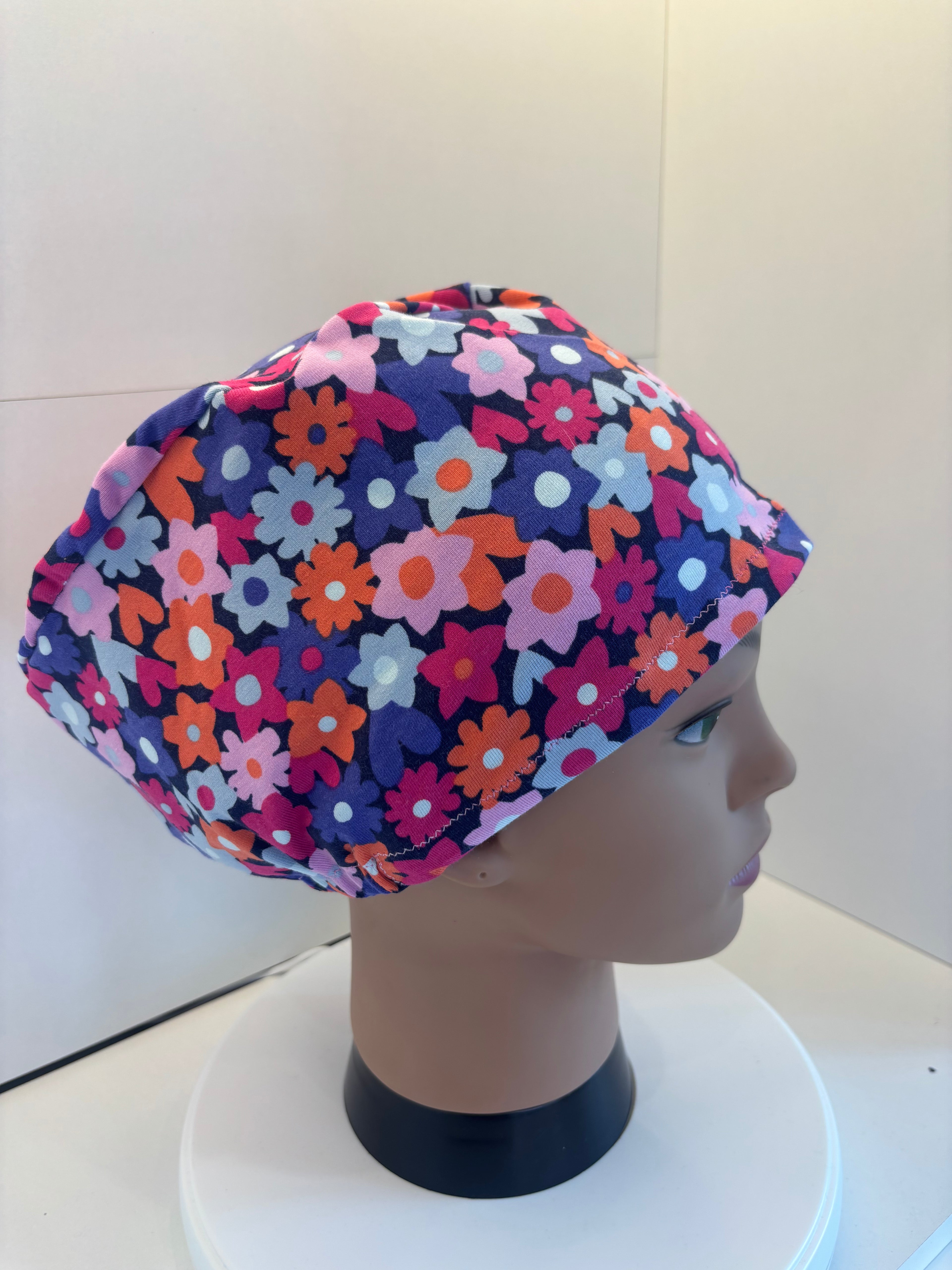 Bright Flowers Premium Cotton Jersey Super Soft Surgical/Theatre Scrub Hat/Cap. UK Handmade