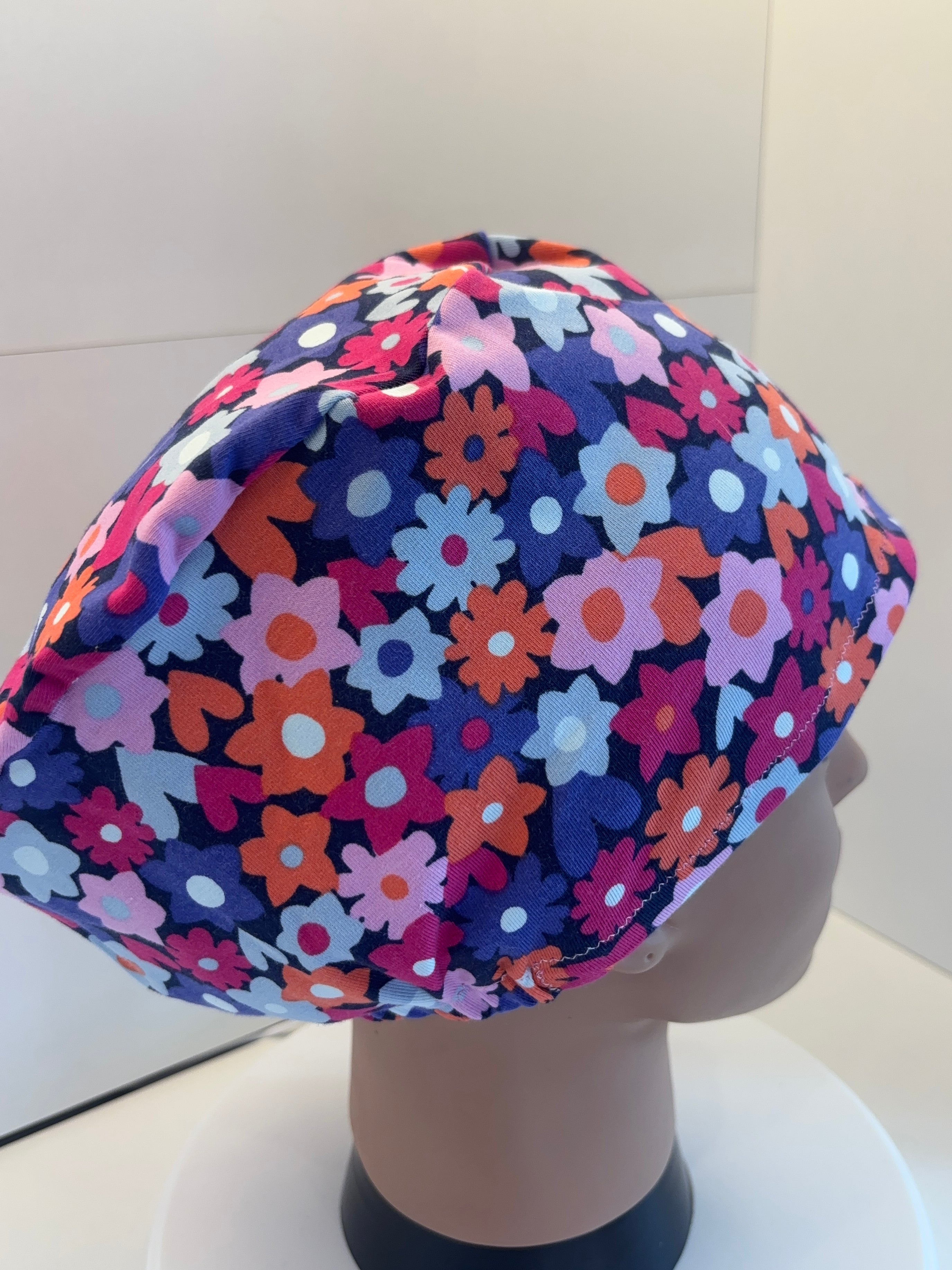Bright Flowers Premium Cotton Jersey Super Soft Surgical/Theatre Scrub Hat/Cap. UK Handmade