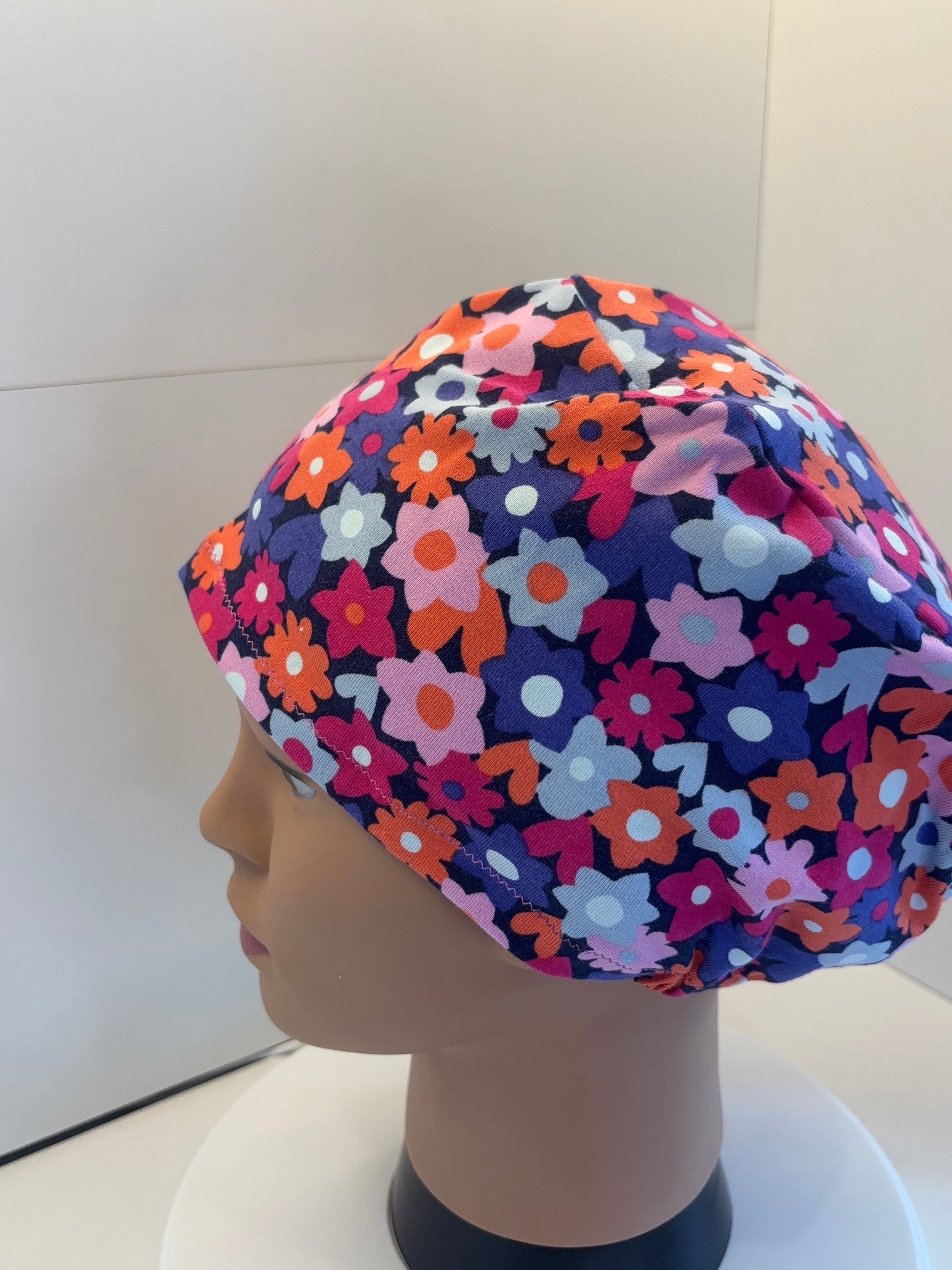 Bright Flowers Premium Cotton Jersey Super Soft Surgical/Theatre Scrub Hat/Cap. UK Handmade